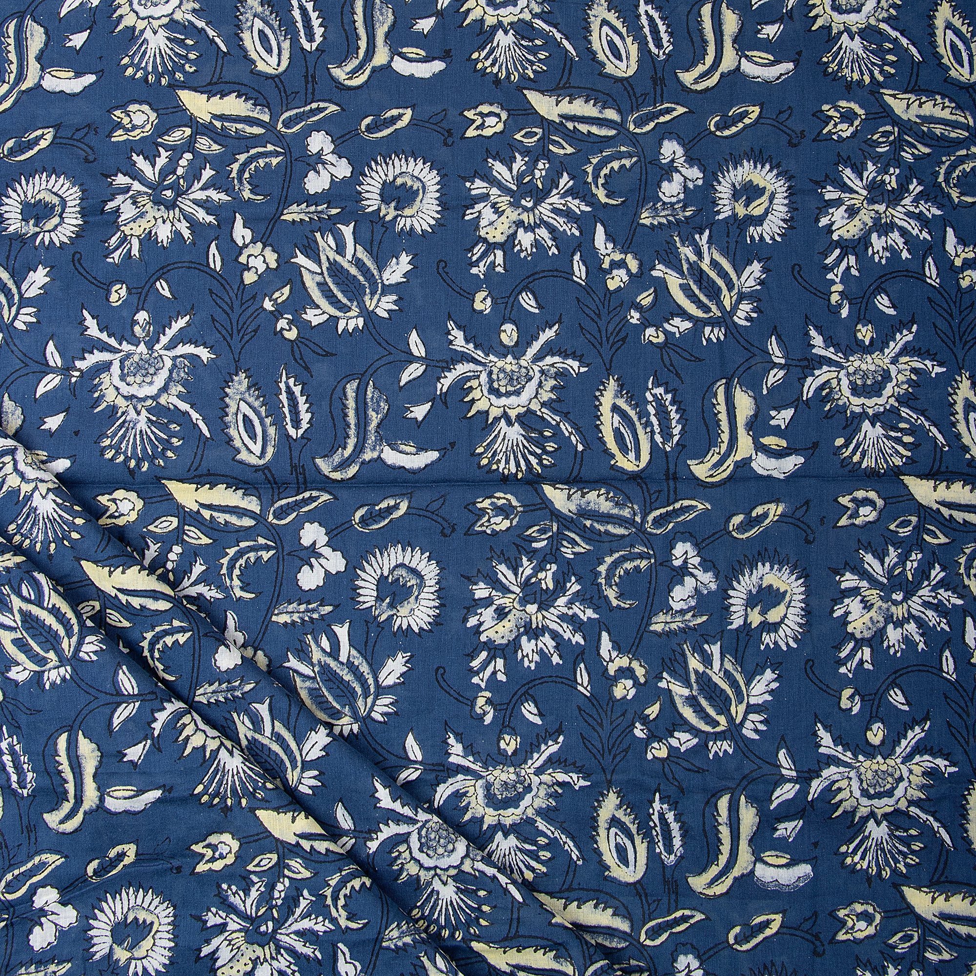 Blue Floral Pure Cotton Hand Block Print Dabu Fabric