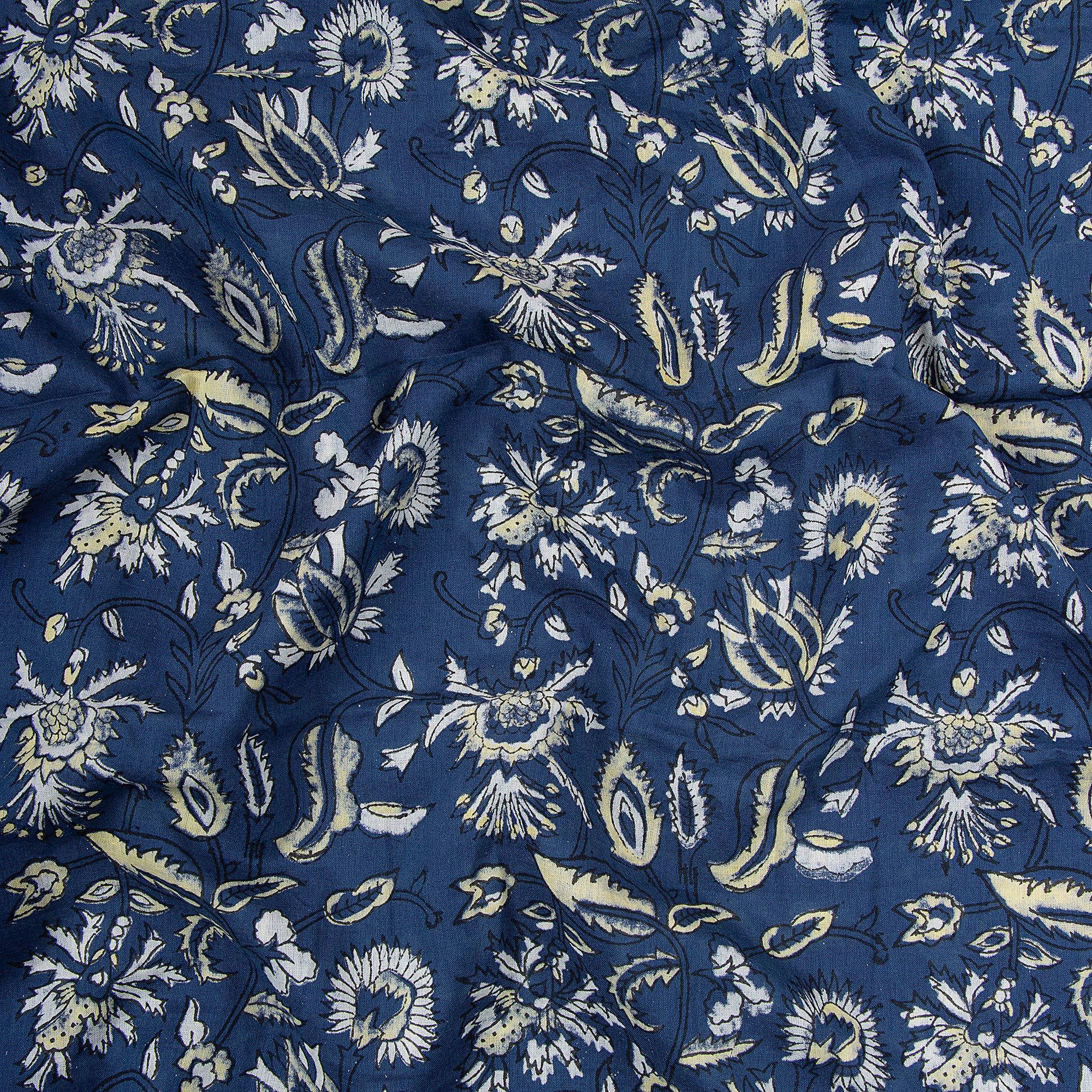 Blue Floral Pure Cotton Hand Block Print Dabu Fabric