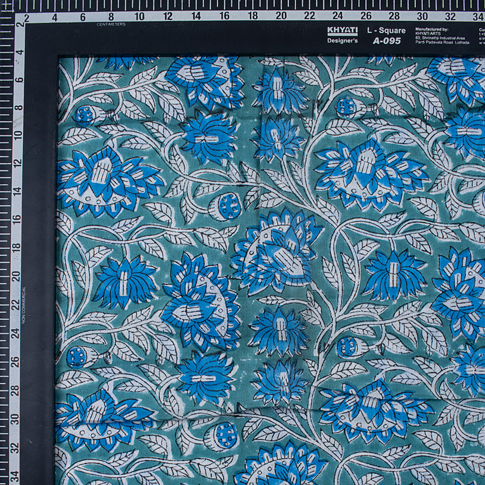 Blue Floral Pure Cotton Hand Block Printed Fabric