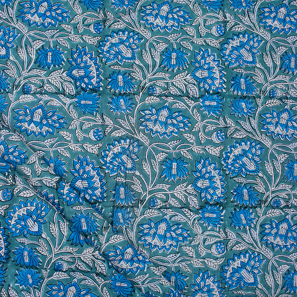 Blue Floral Pure Cotton Hand Block Printed Fabric