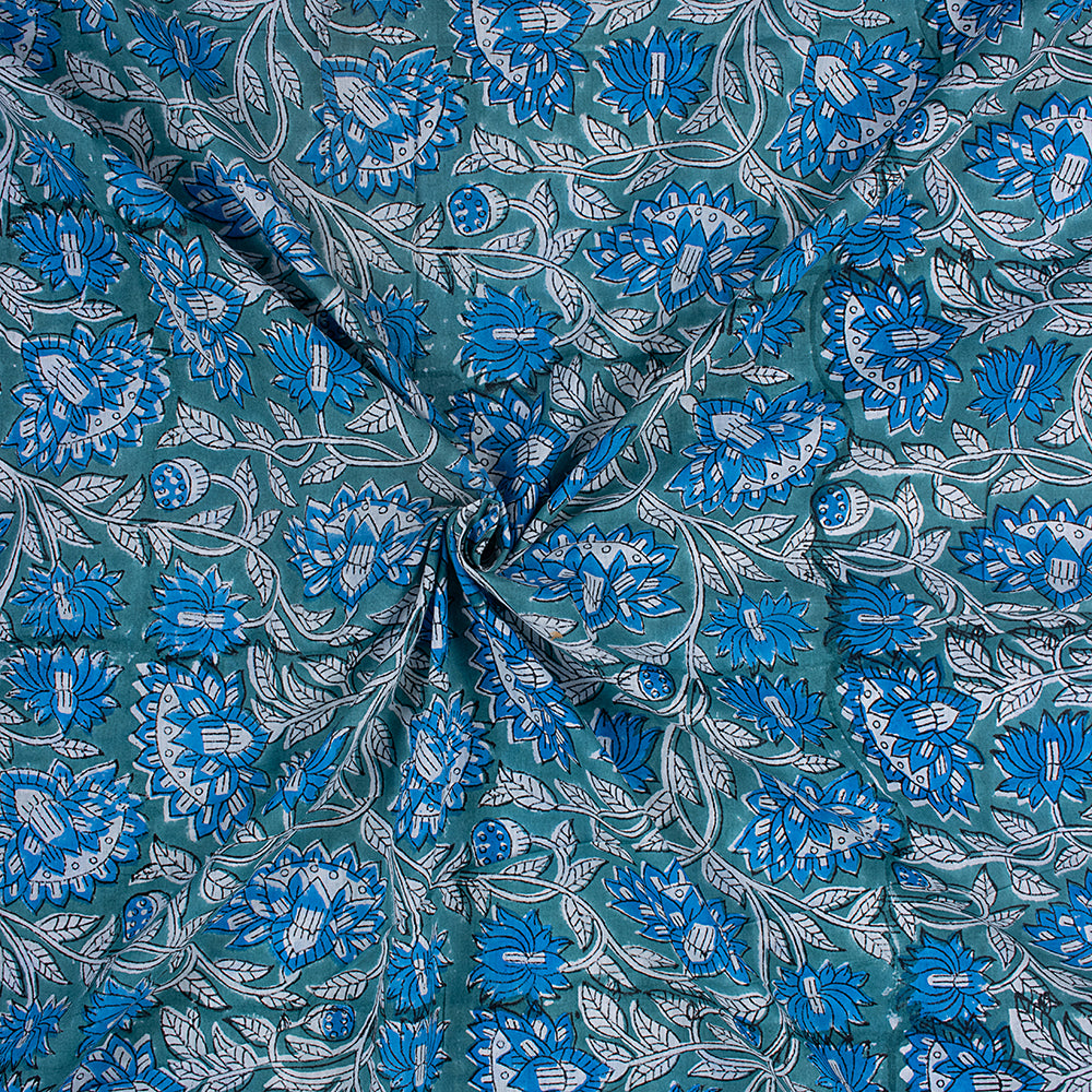 Blue Floral Pure Cotton Hand Block Printed Fabric
