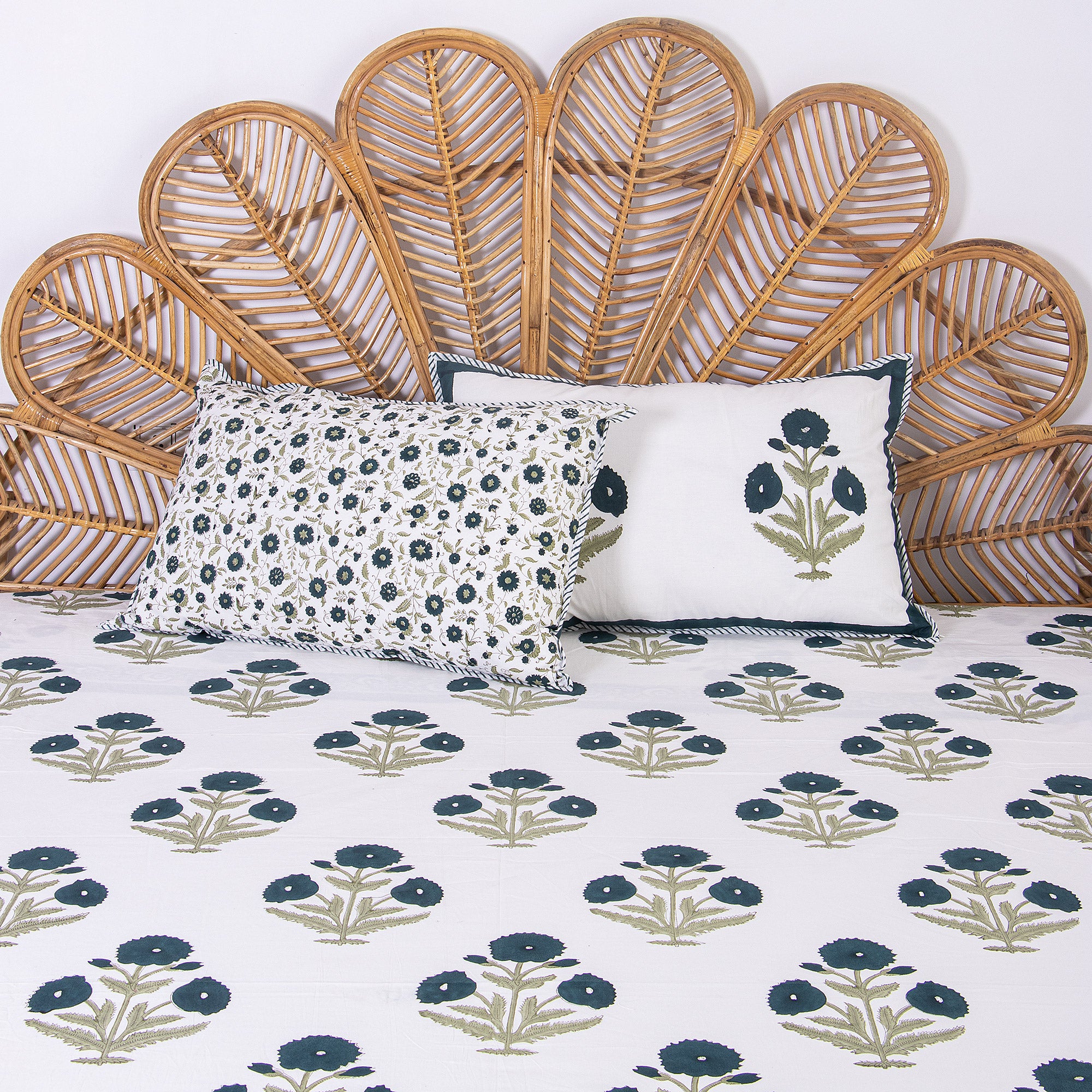 Blue Floral Revversible Hand Block Print Cotton Bedsheet