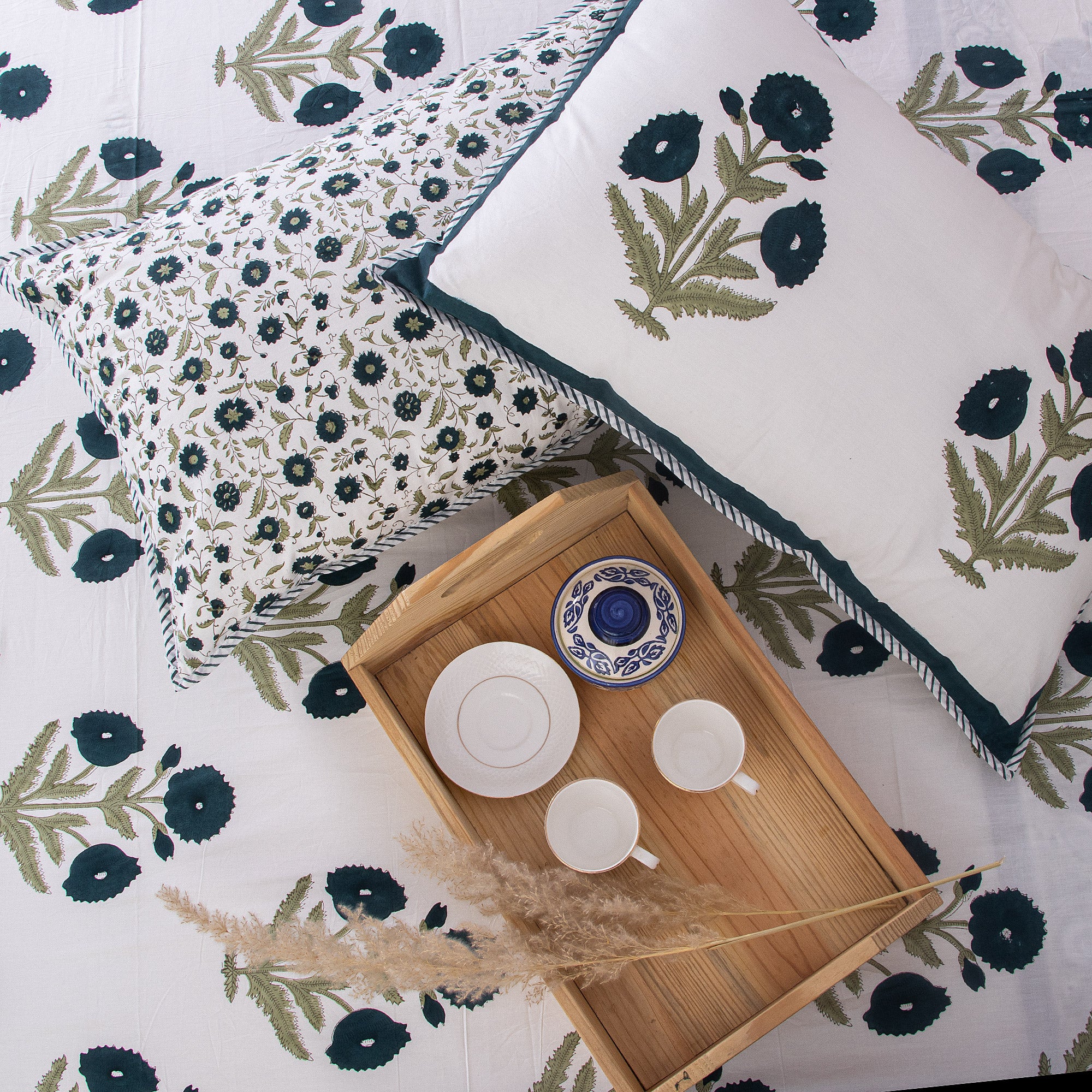 Blue Floral Revversible Hand Block Print Cotton Bedsheet