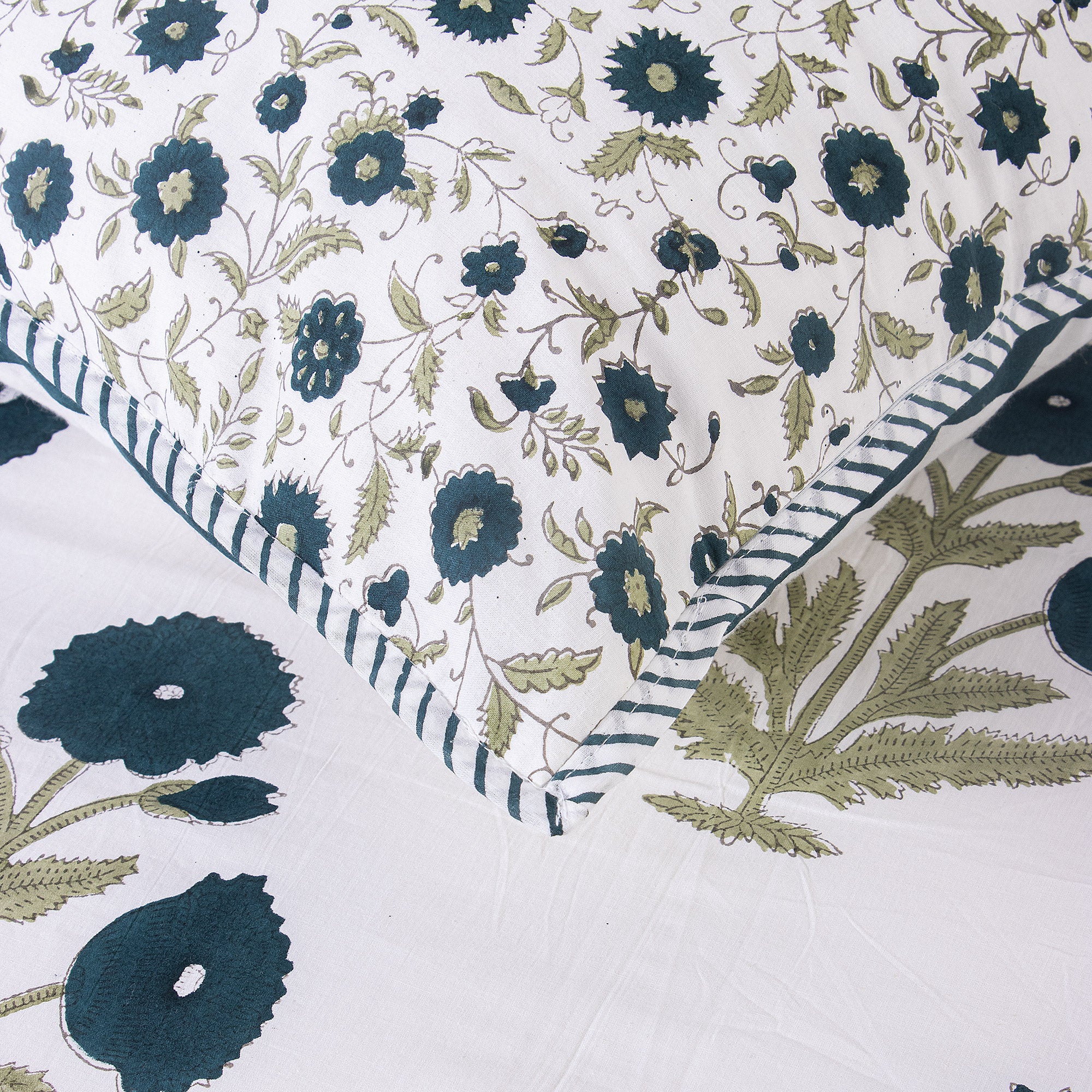 Blue Floral Revversible Hand Block Print Cotton Bedsheet