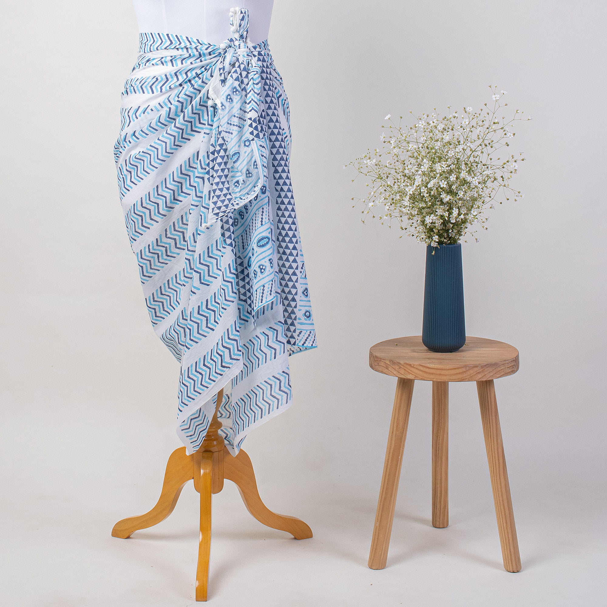 Blue Hand Block Print Beach Sarong Wrap For Women