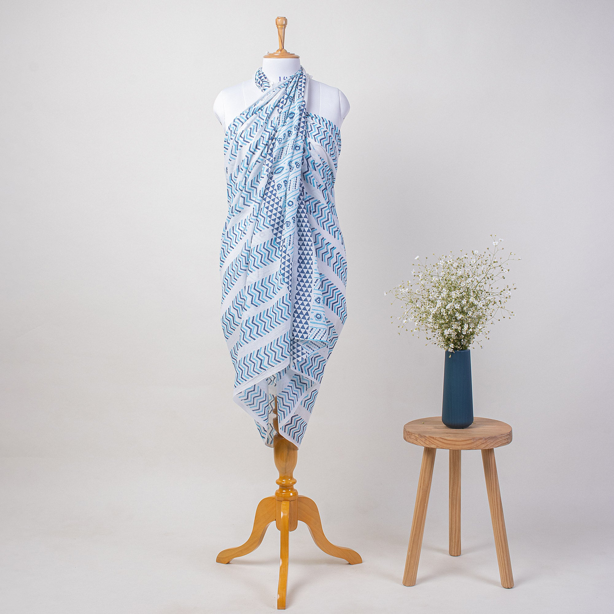 Blue Hand Block Print Beach Sarong Wrap For Women