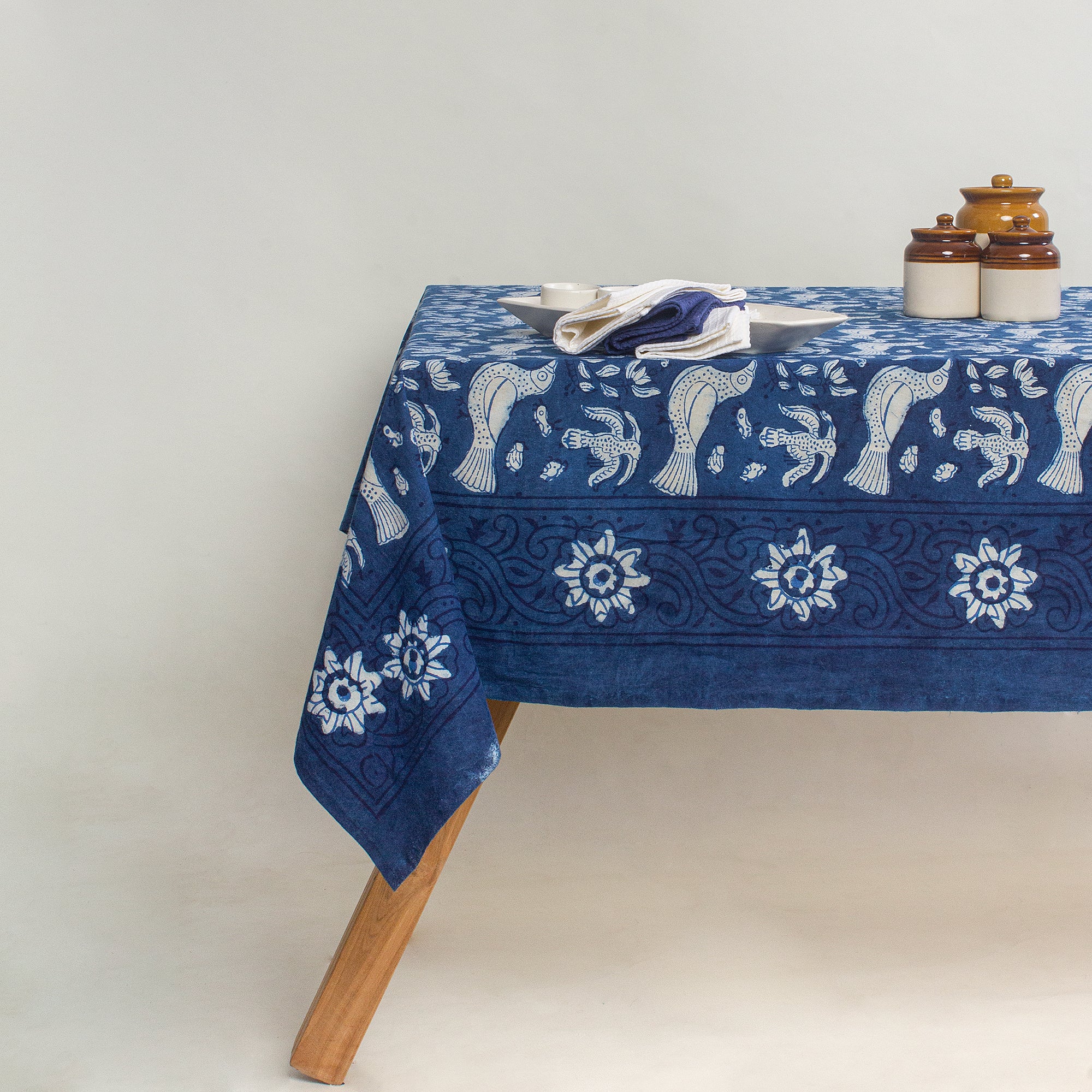 Blue Hand Block Printed Cotton Dinning Table Cloth