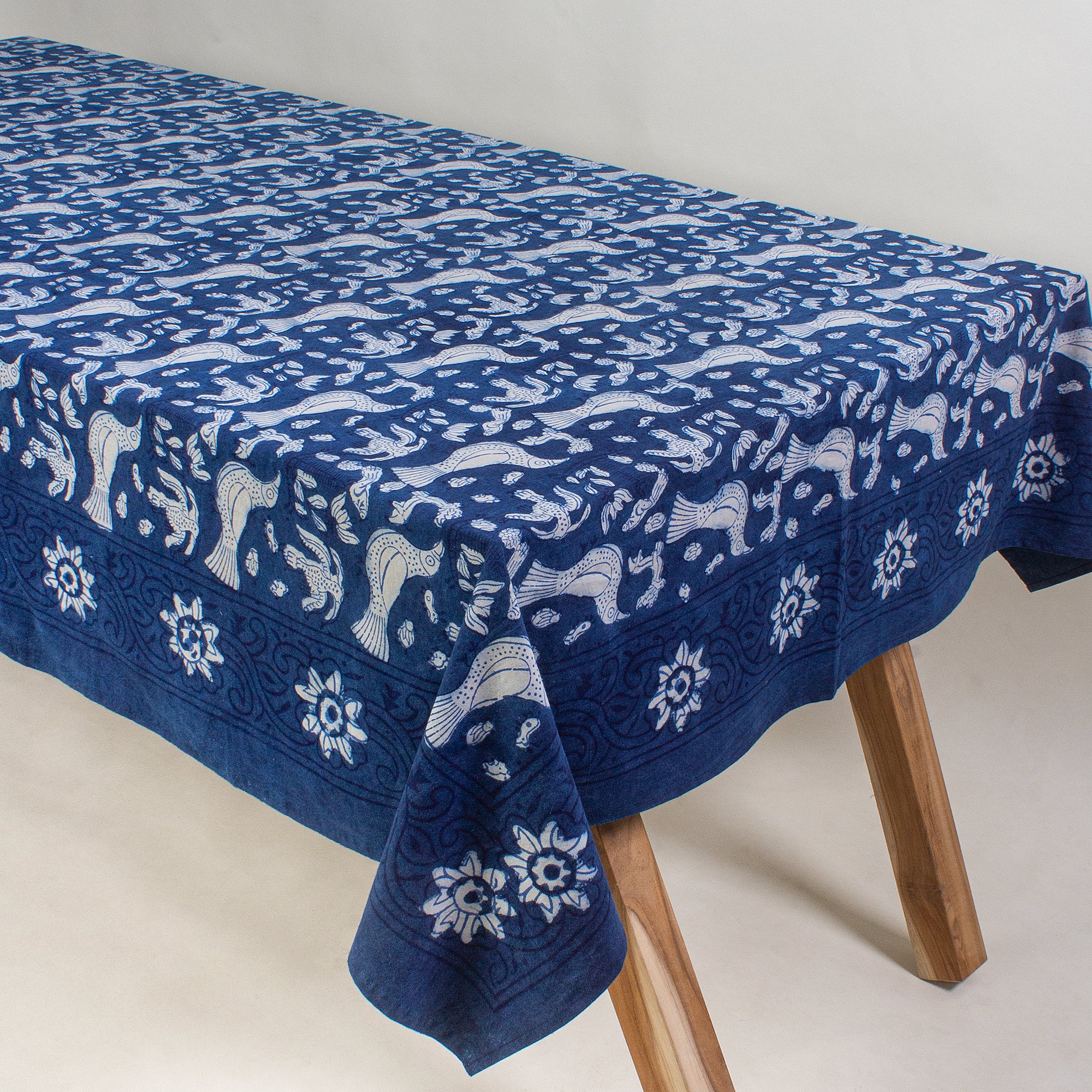 Blue Hand Block Printed Cotton Dining Tablecloth