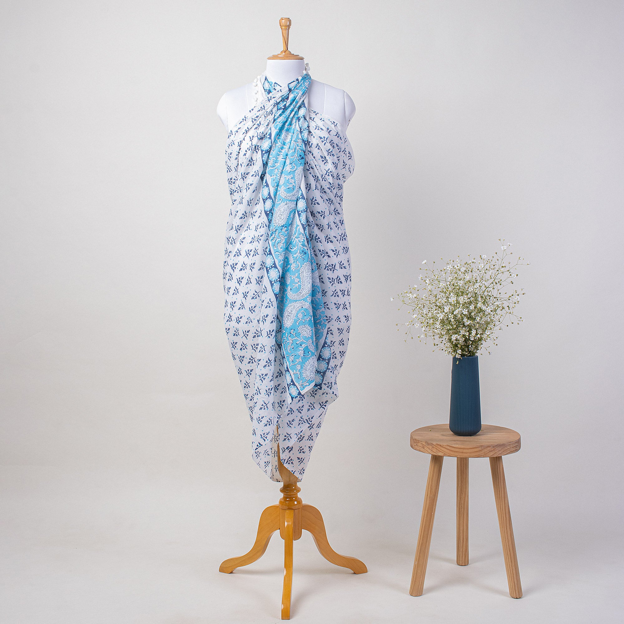 Blue Leaf Indian Hand Block Print Sarong For Women
