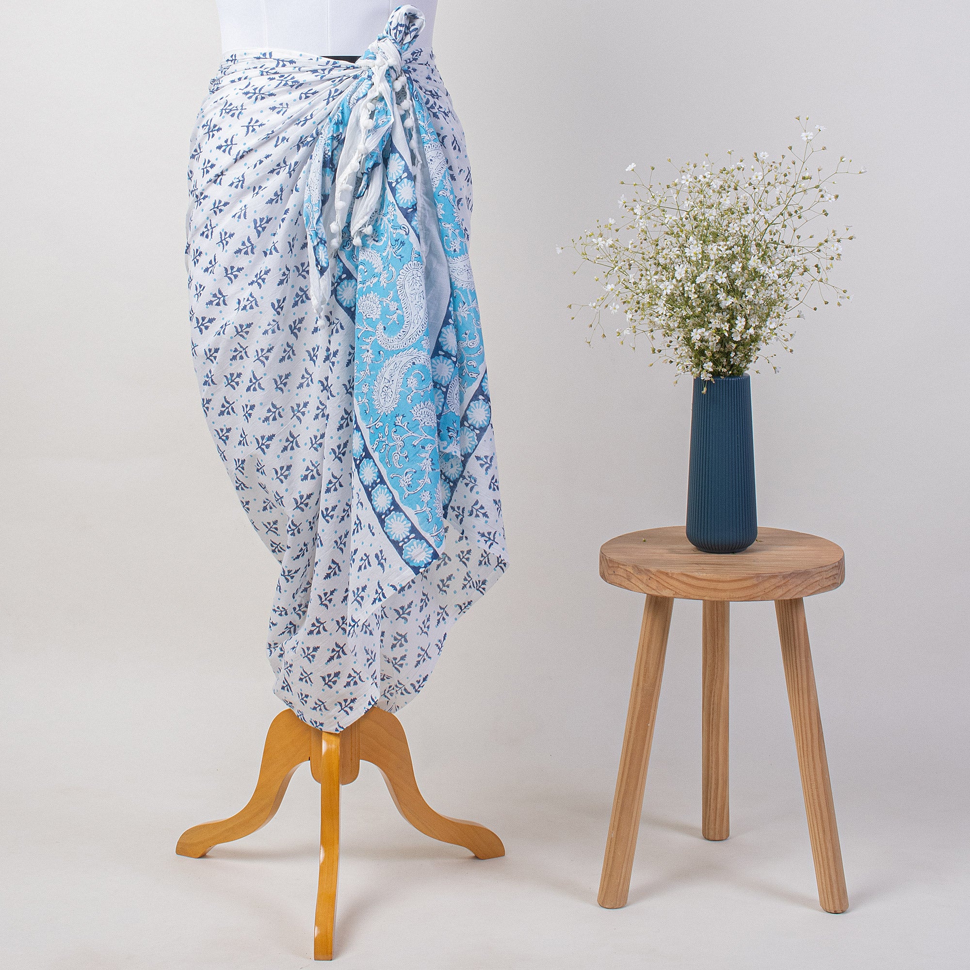 Blue Leaf Indian Hand Block Print Sarong For Women