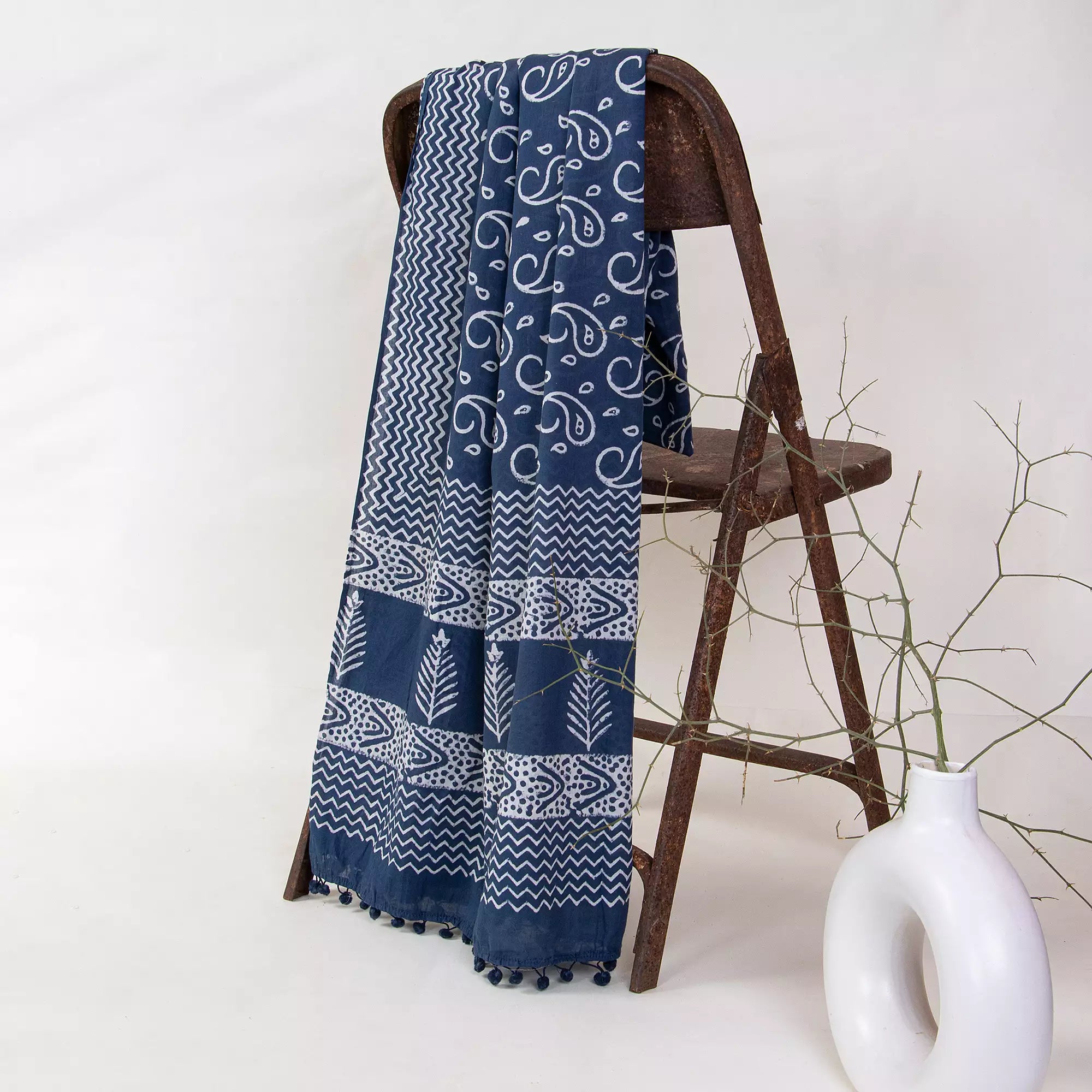 Blue Paisley Hand Block Printed Cotton Ladies Dupatta