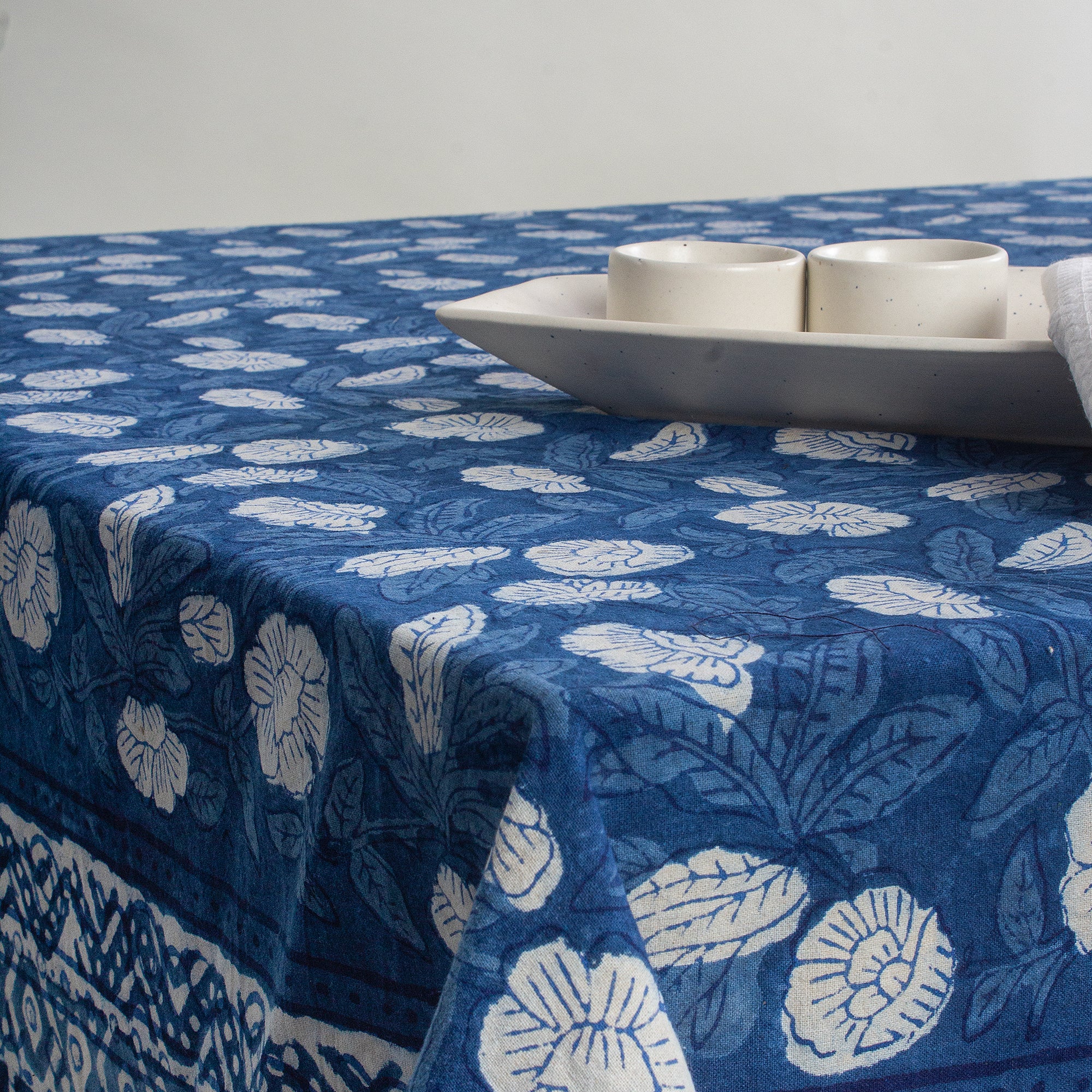 Blue Pure Cotton Hanad Block Printed Table Cover