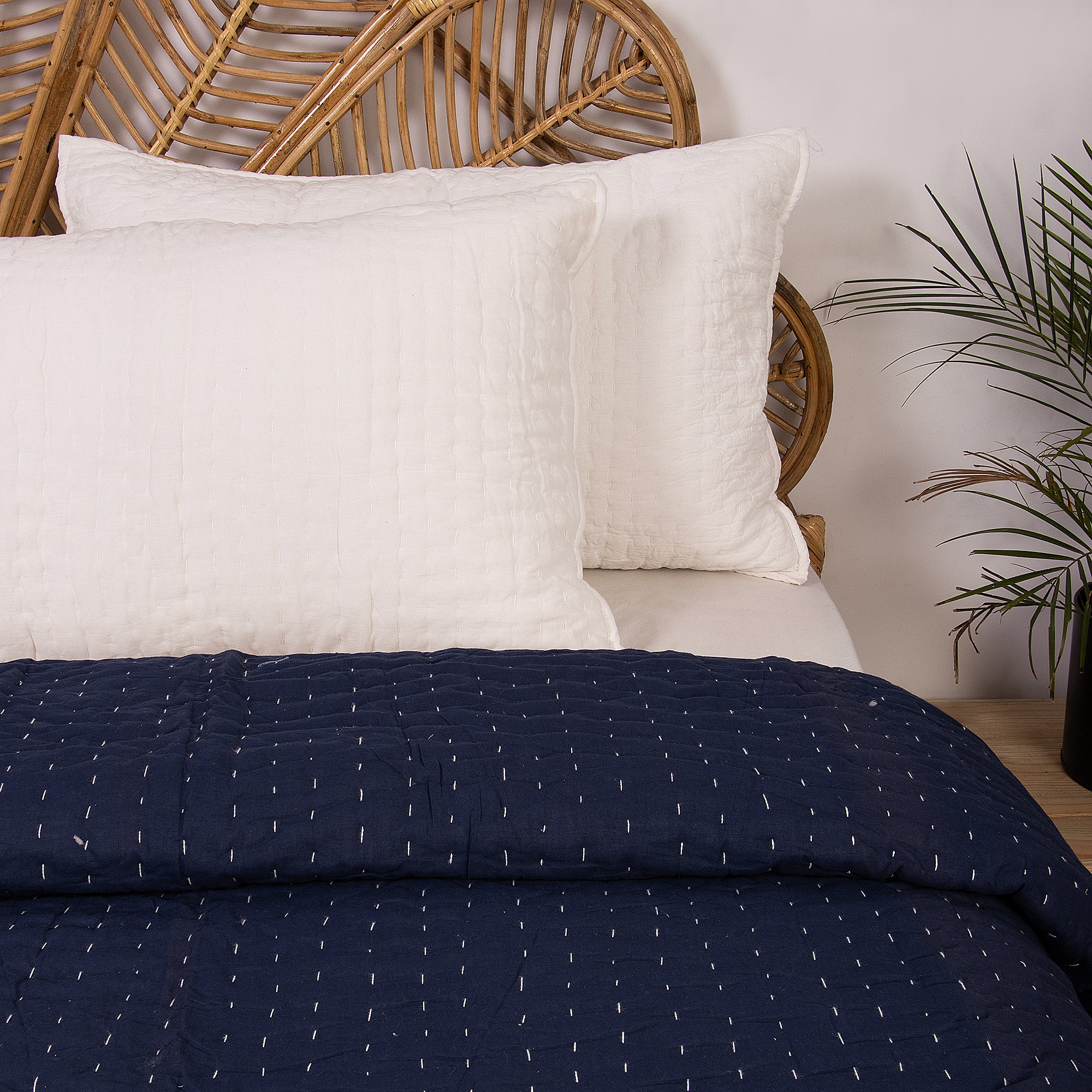 Blue Stitched Cotton Indian Kantha Quilt Blanket