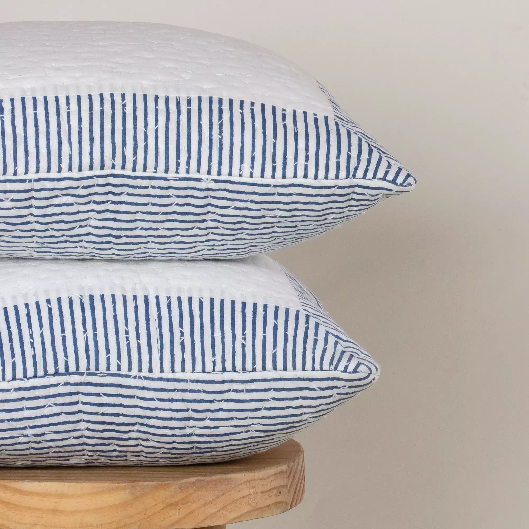 Blue Stripe Kantha Stitched Cotton Cushion Cover