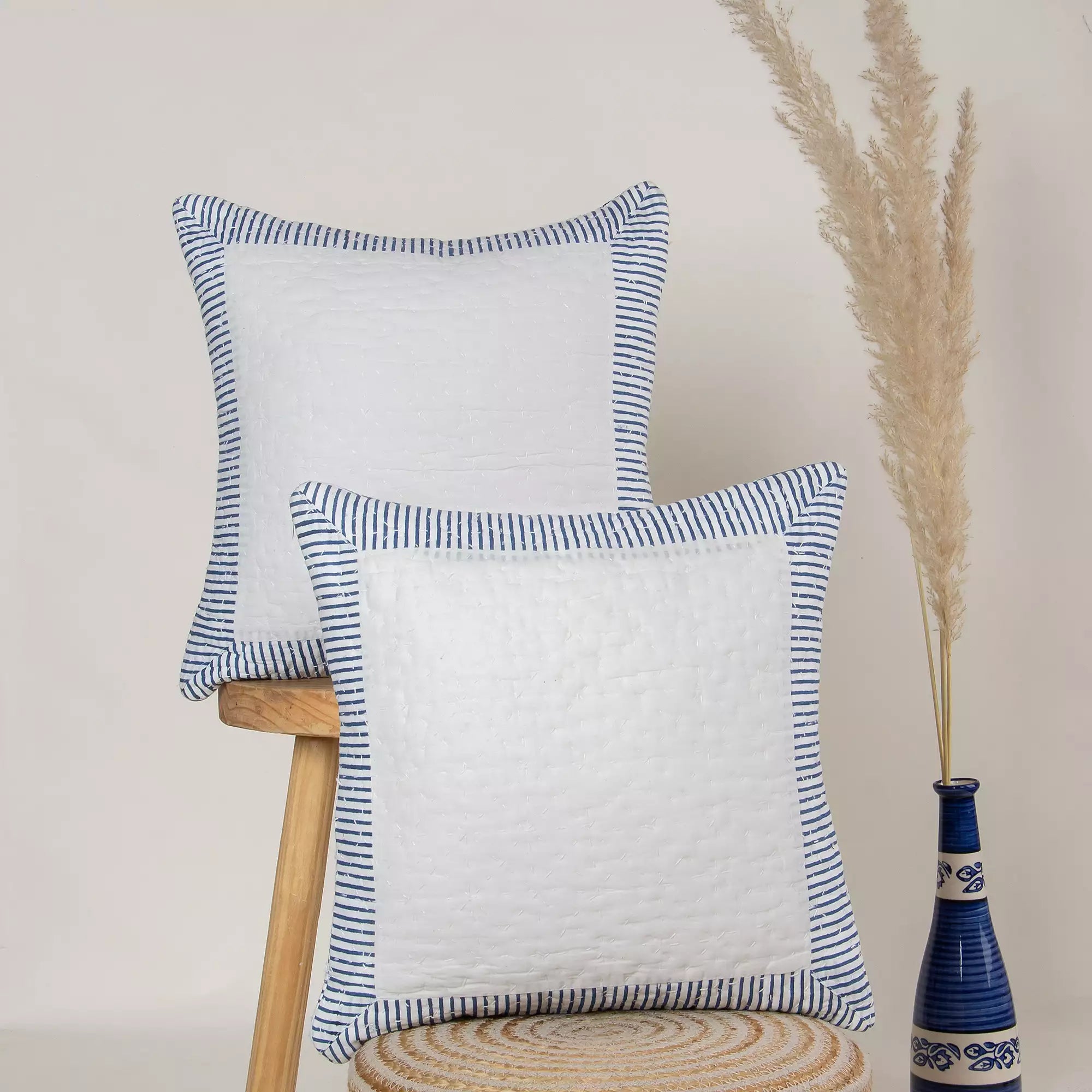 Blue Stripe Kantha Stitched Cotton Cushion Cover