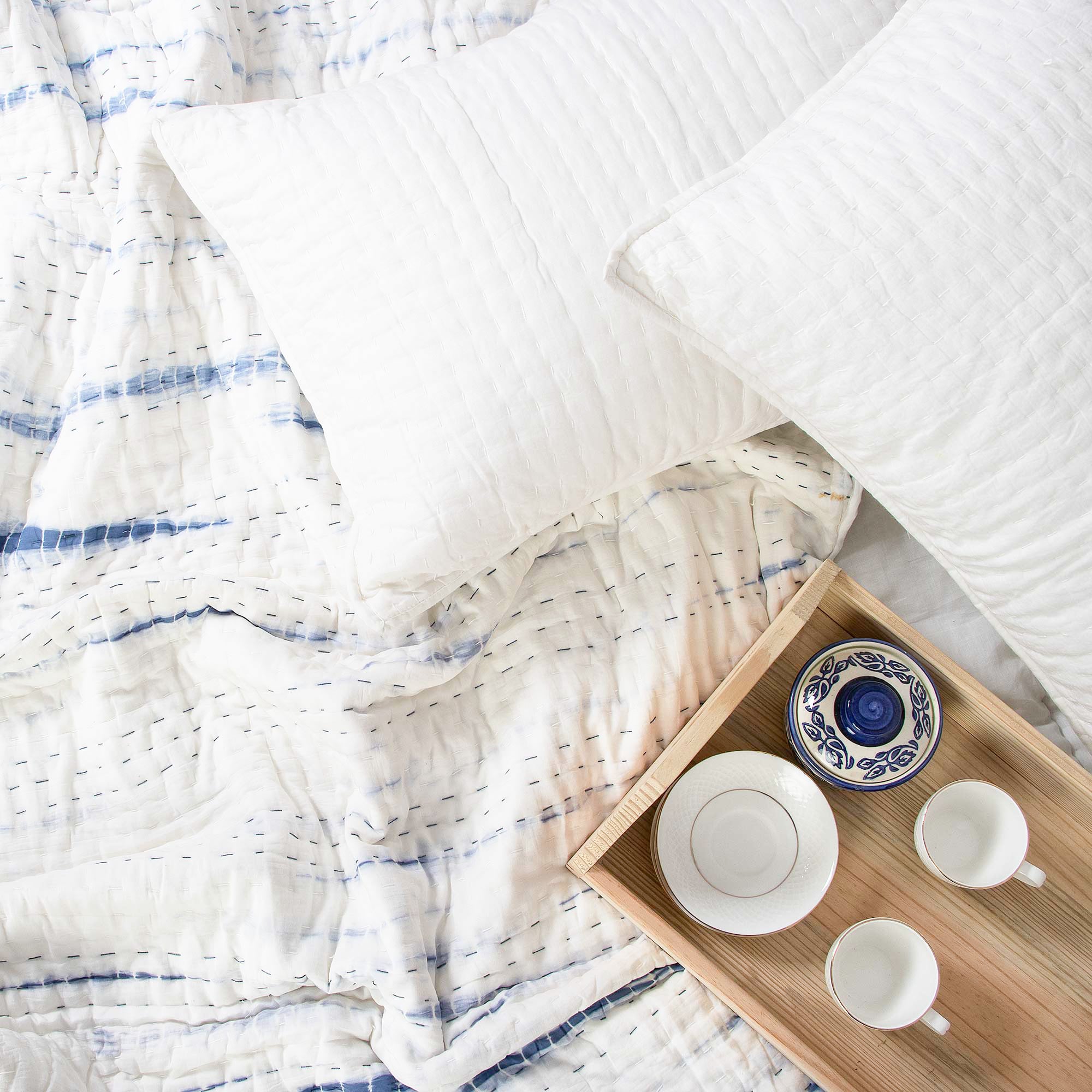 Blue Tie Dye Cotton Kantha Quilt Blanket