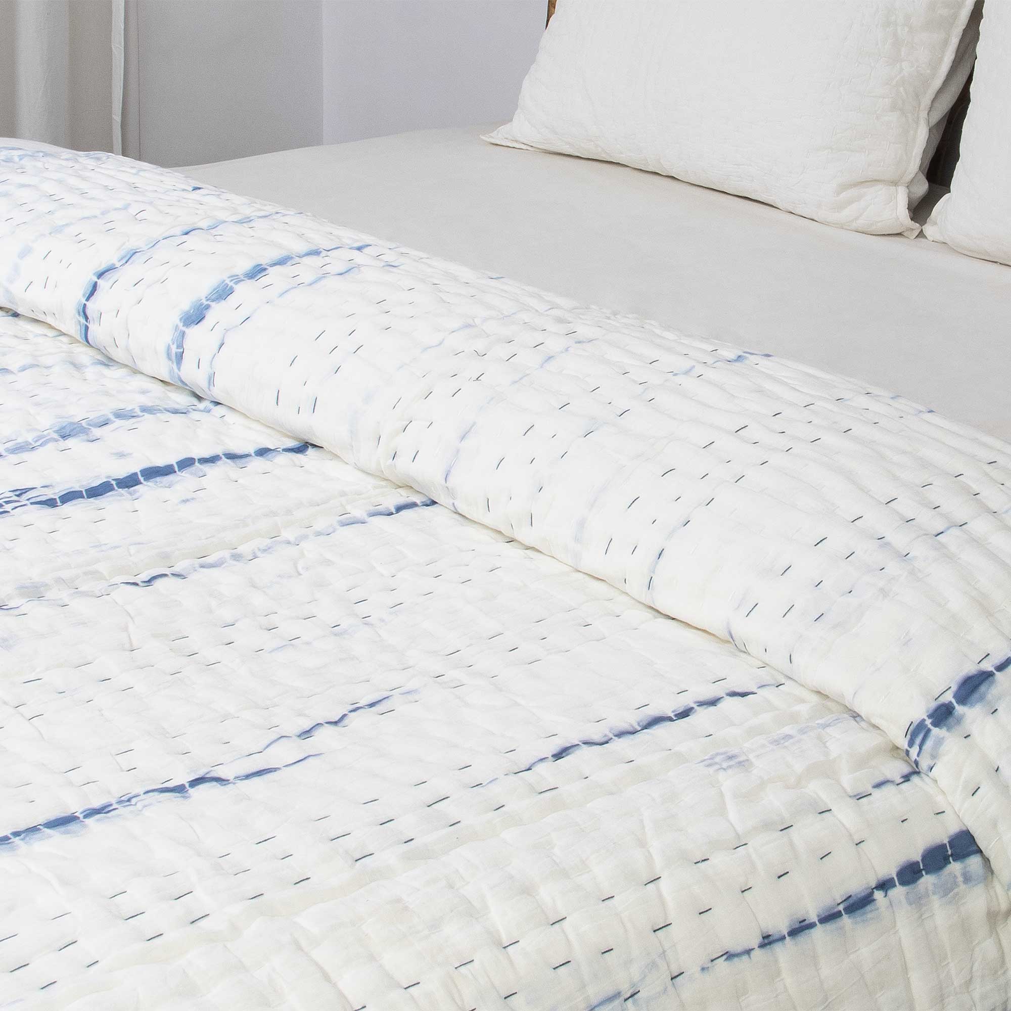 Blue Tie Dye Cotton Kantha Quilt Blanket