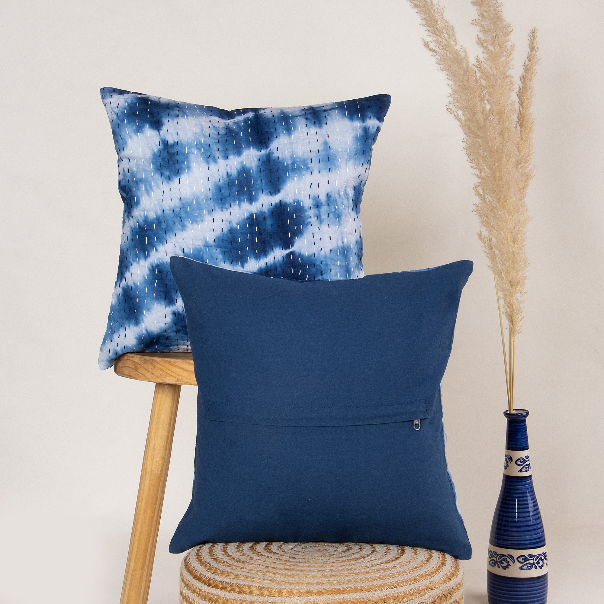 Blue Tie Dyed Cotton Kantha cushion Cover