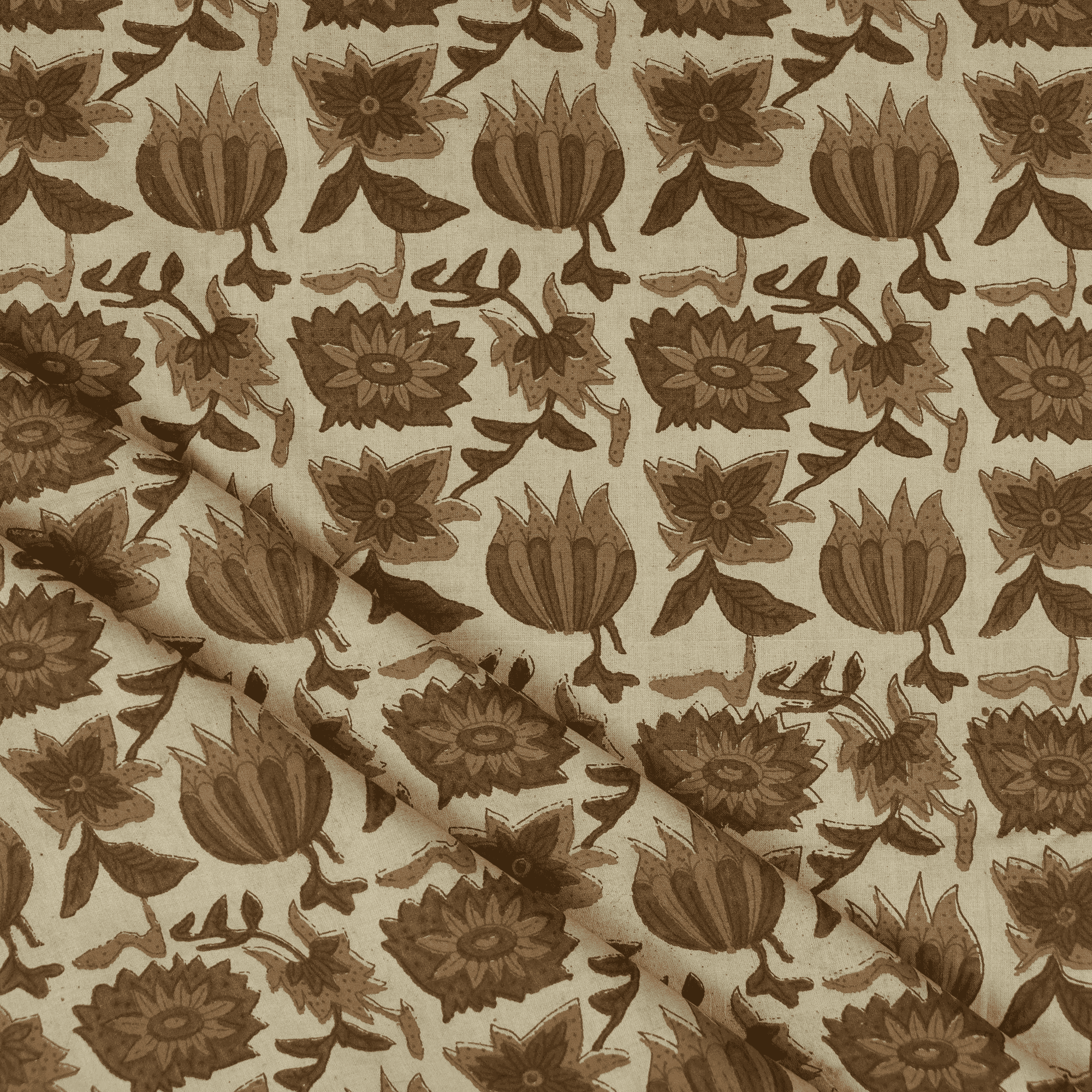 Brown Floral Pure Cotton Hand Block Printed Fabric