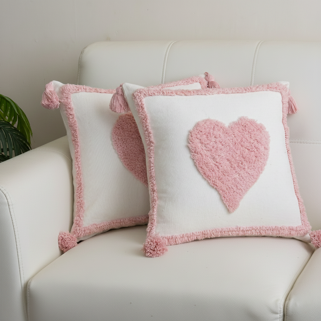 Pink Heart Tufted Cushion Cover with Tassels