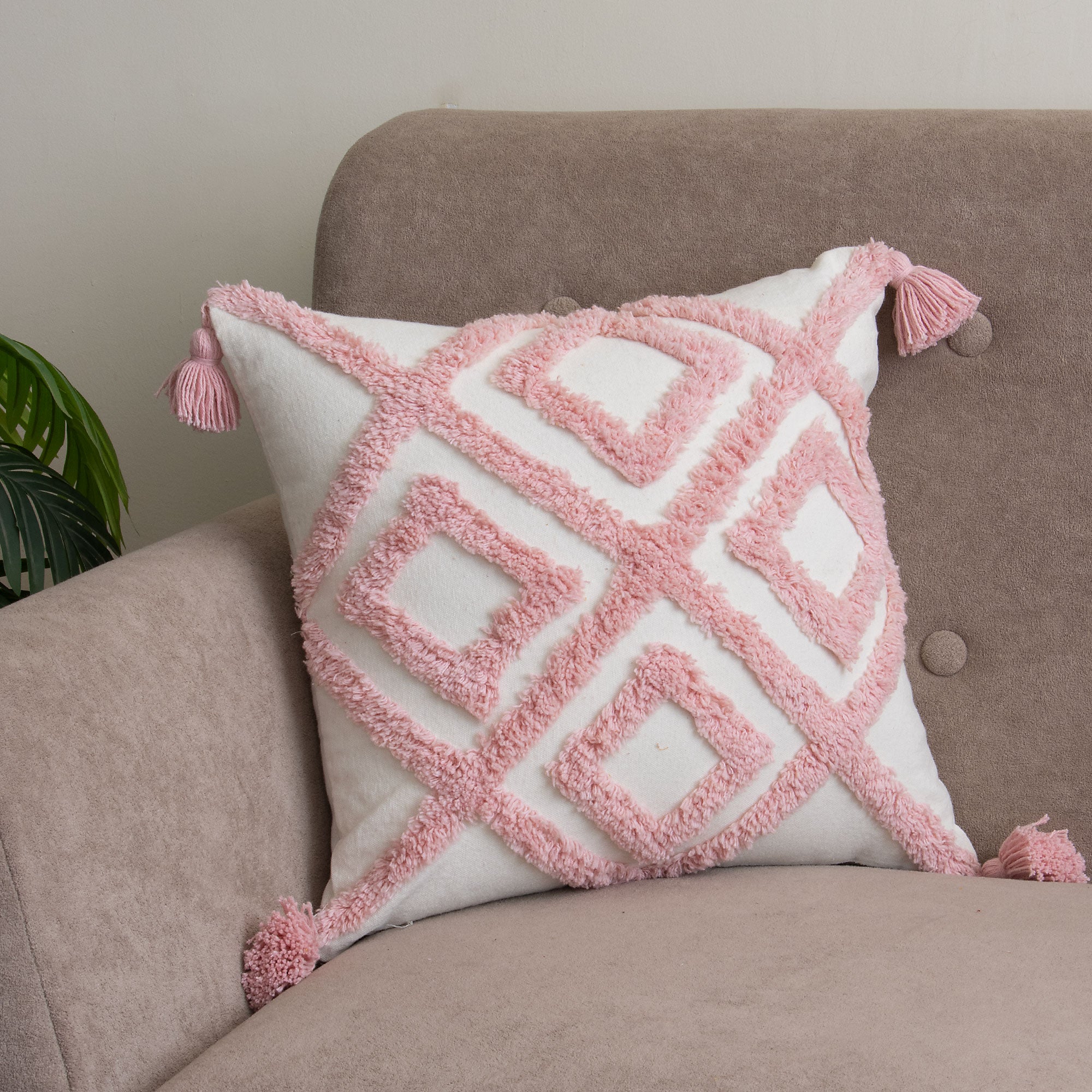 Pink Geometric Tufted Cushion Cover with Tassels