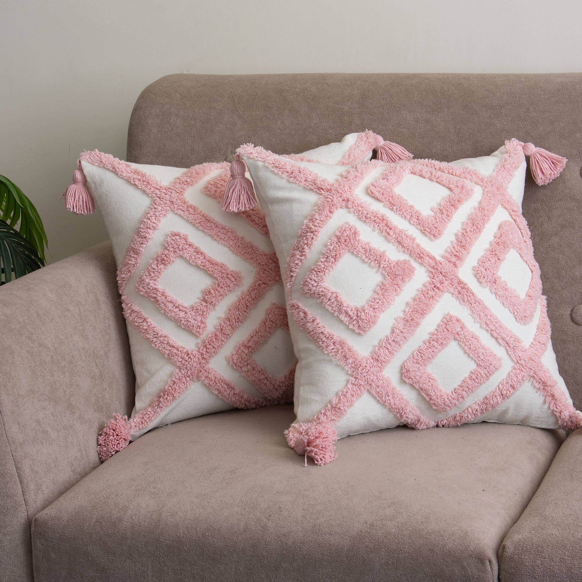 Pink Geometric Tufted Cushion Cover with Tassels