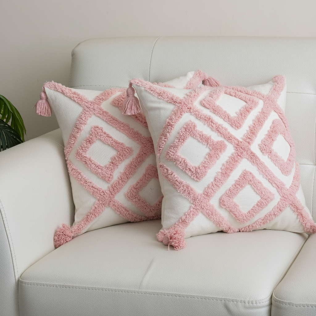 Pink Geometric Tufted Cushion Cover with Tassels