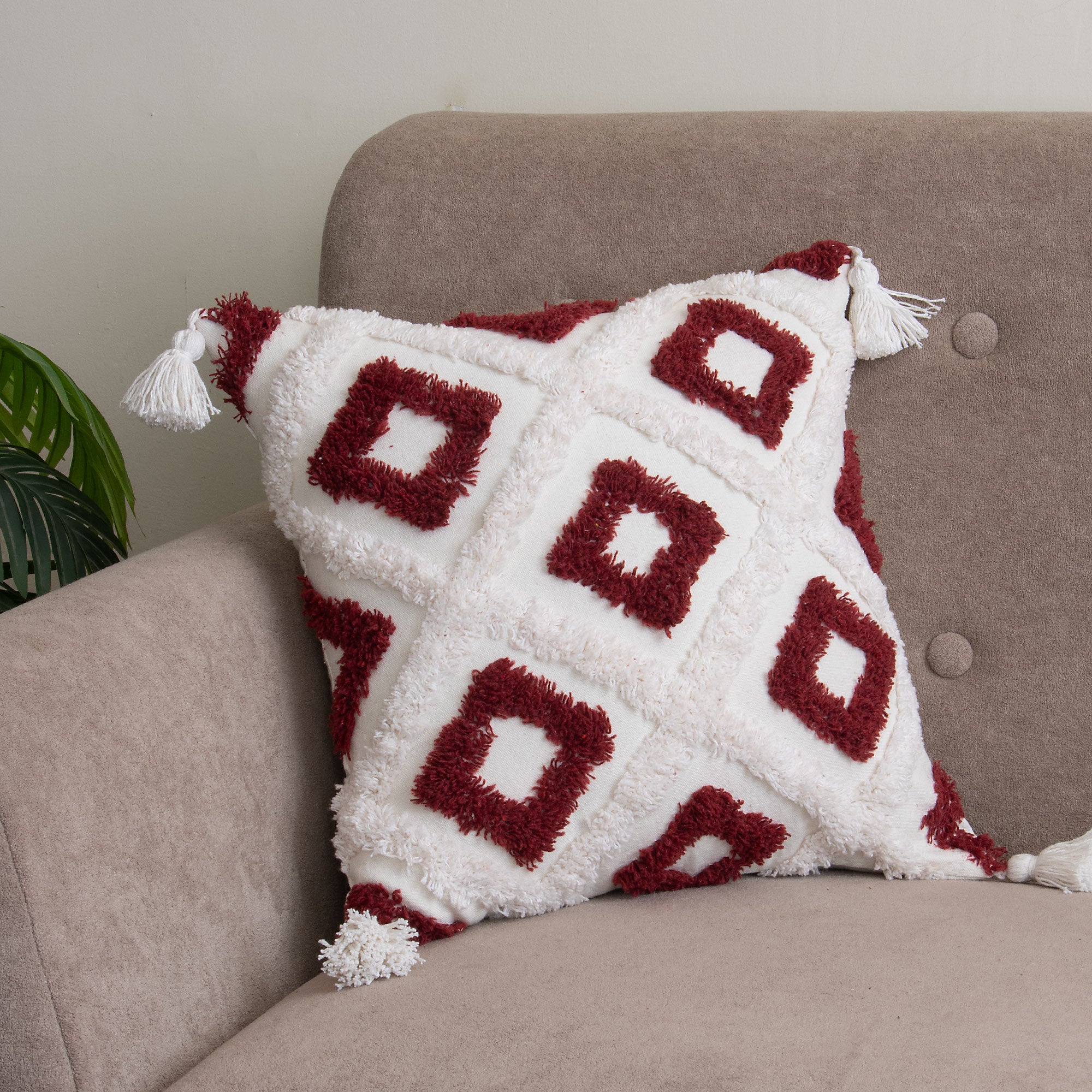 Red & White Boho Tufted Cushion Cover