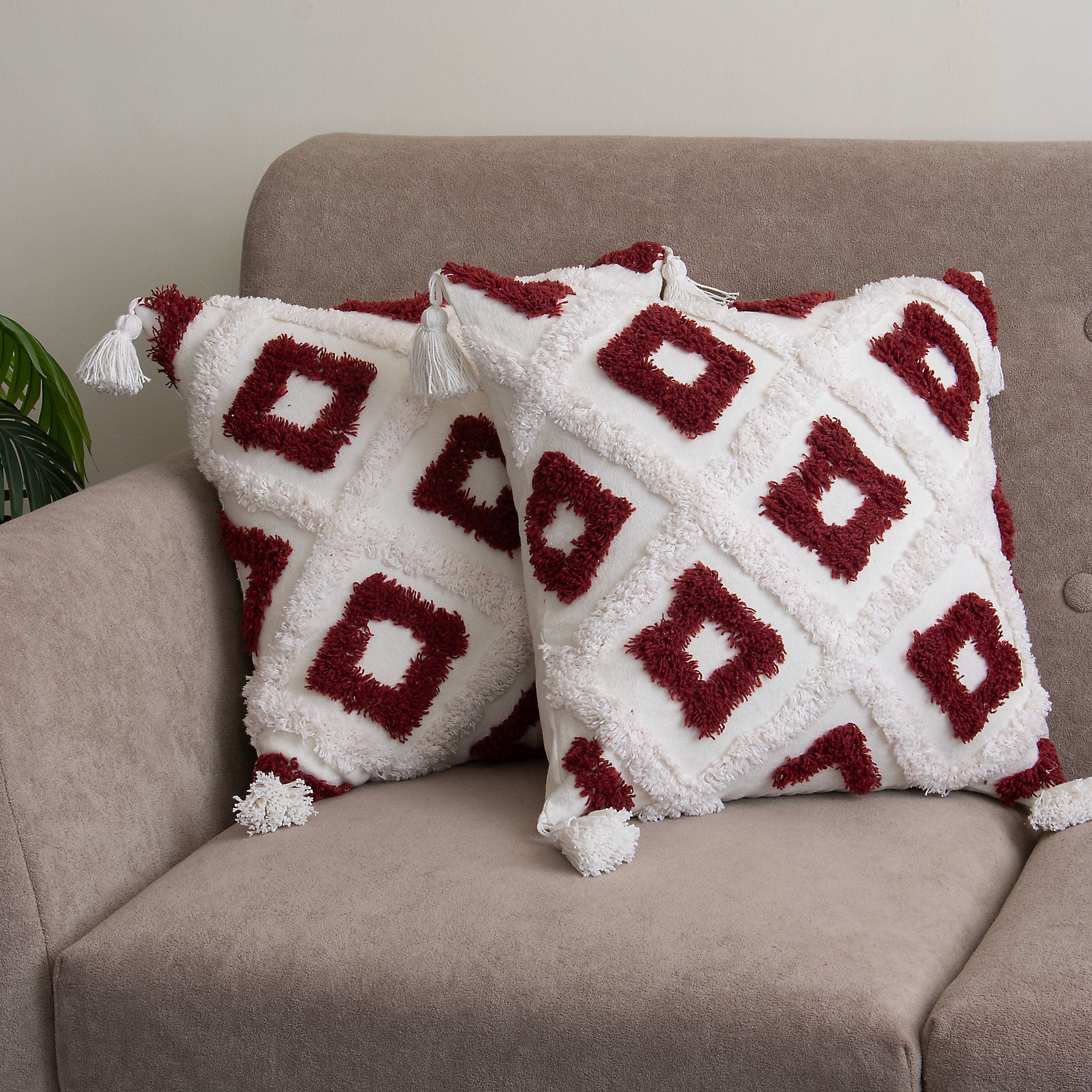 Red & White Boho Tufted Cushion Cover