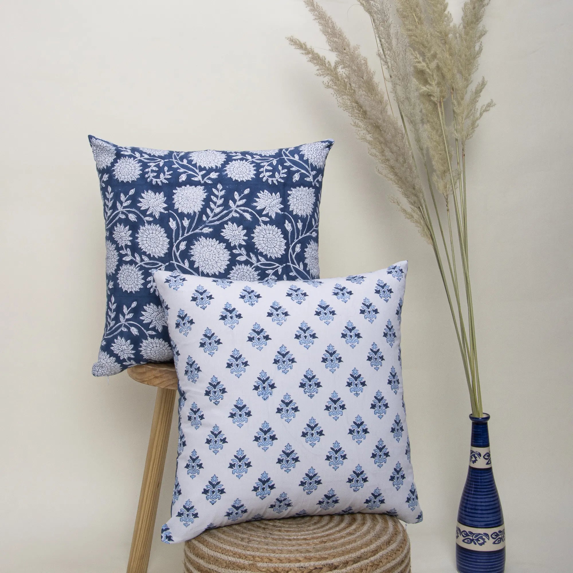 Modern Blue Floral Hand Block Printed Cotton Cushion Cover
