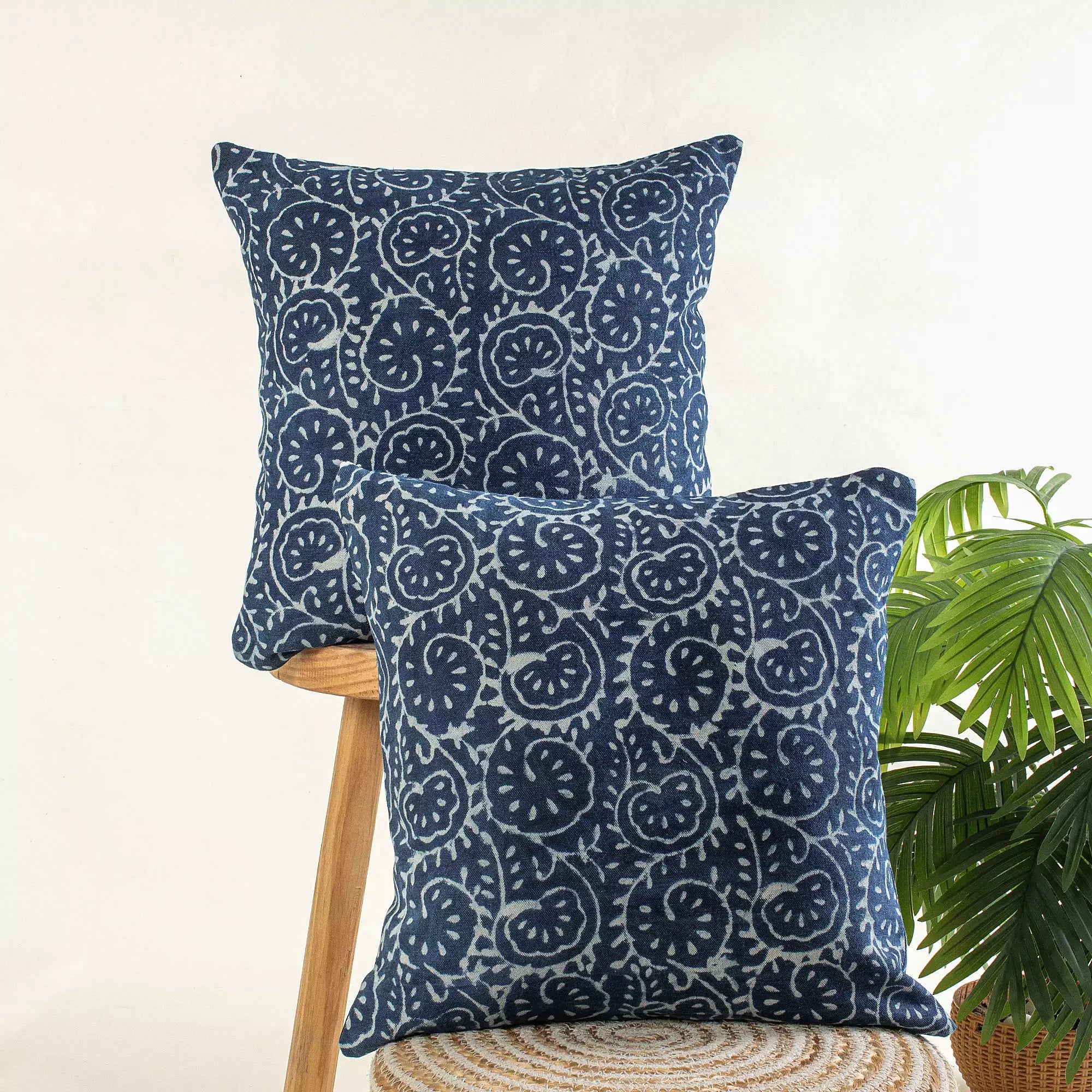 Blue Hand Block Printed Canvas Bed Cushion Cover