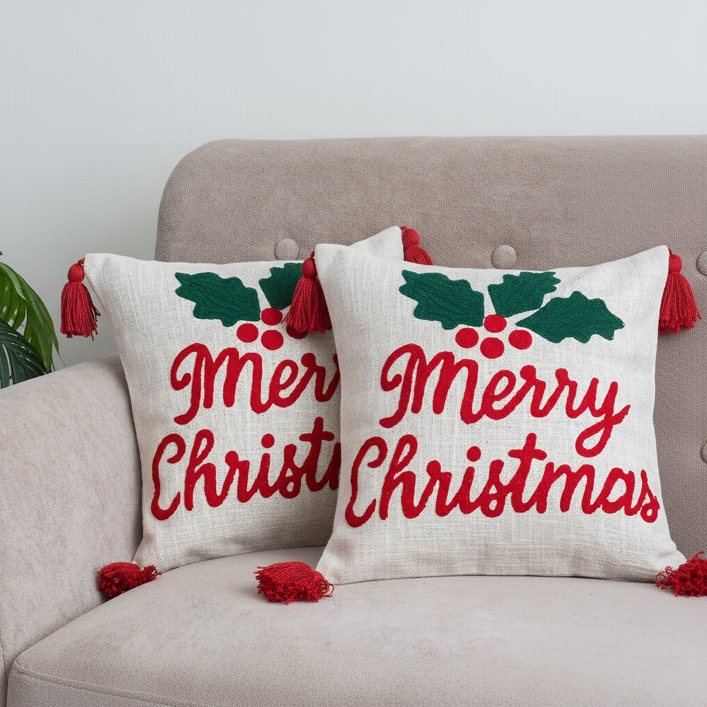 Merry Christmas Tufted Cushion Cover with Tassels Set of 2