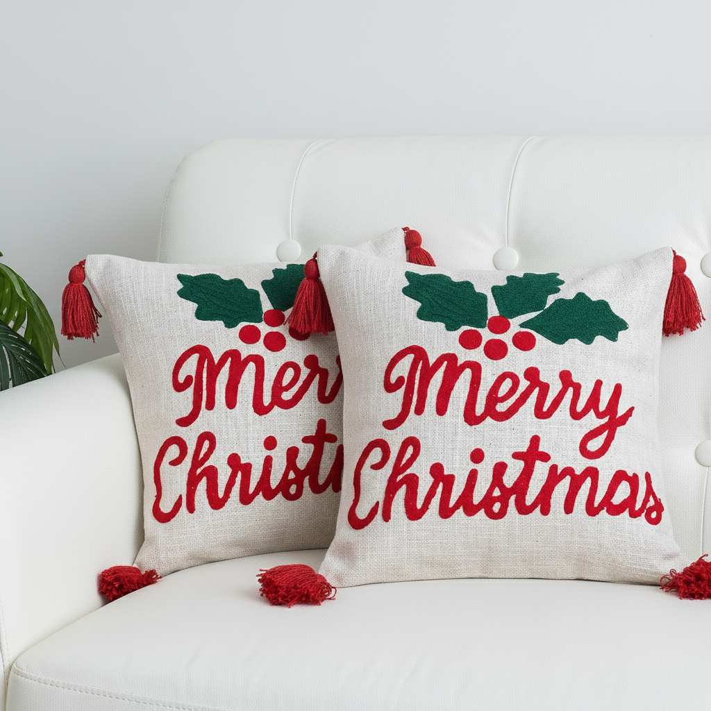Merry Christmas Tufted Cushion Cover with Tassels Set of 2