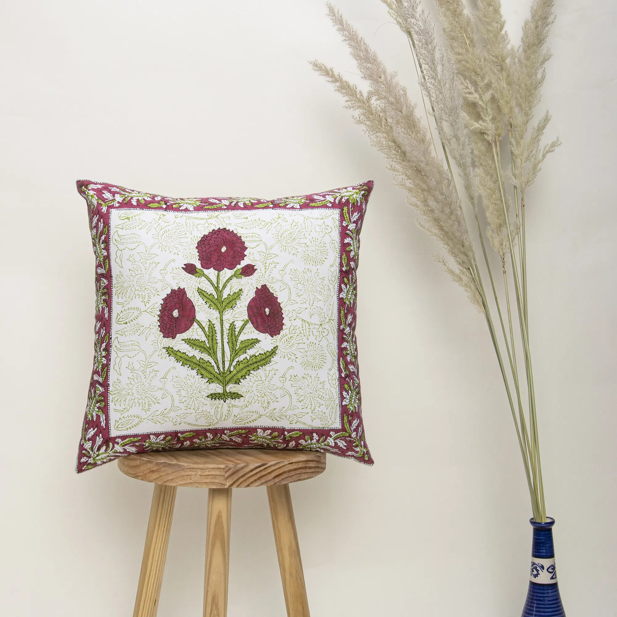 Christmas Decor Block Printed Red Floral Cotton Cushion Cover
