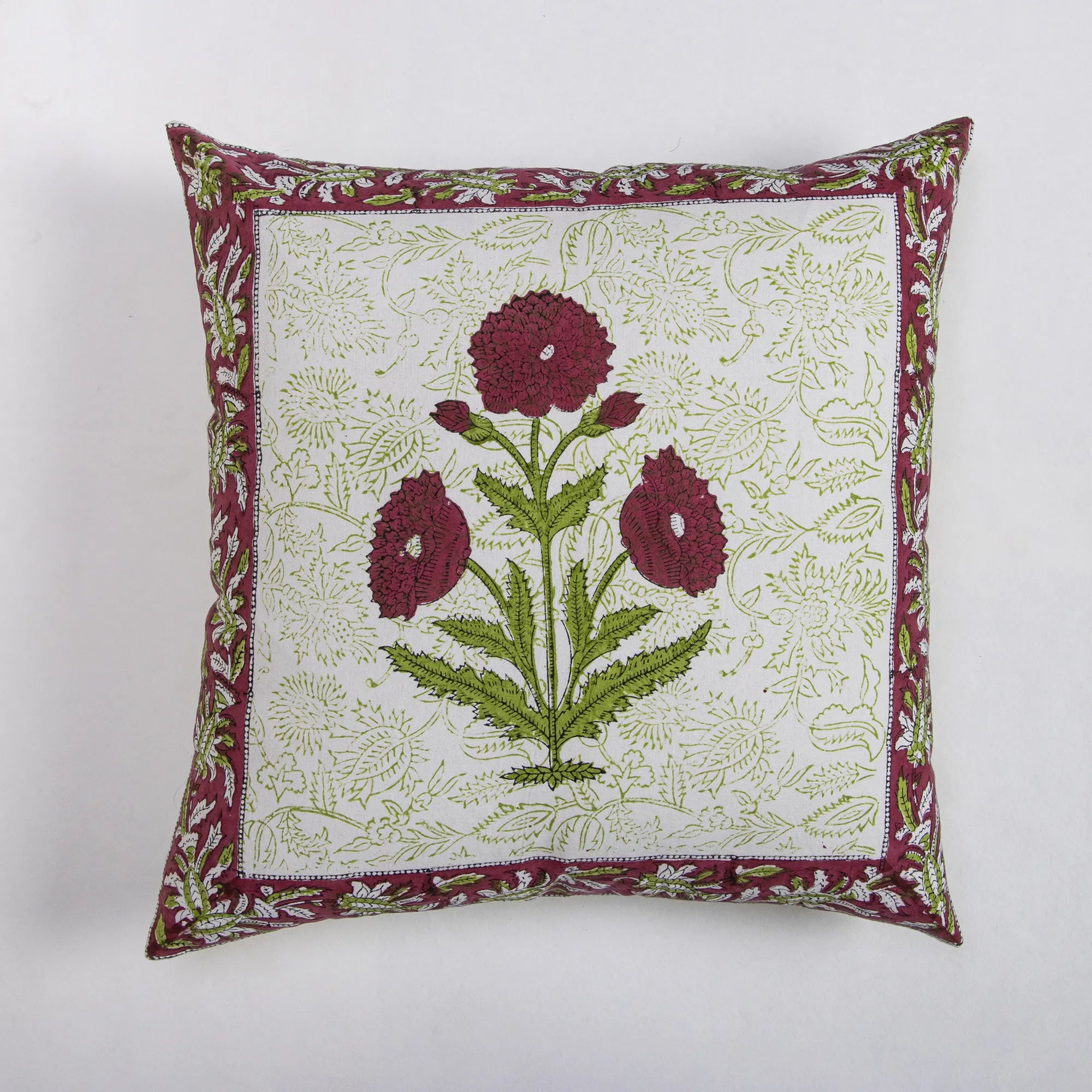 Christmas Decor Block Printed Red Floral Cotton Cushion Cover