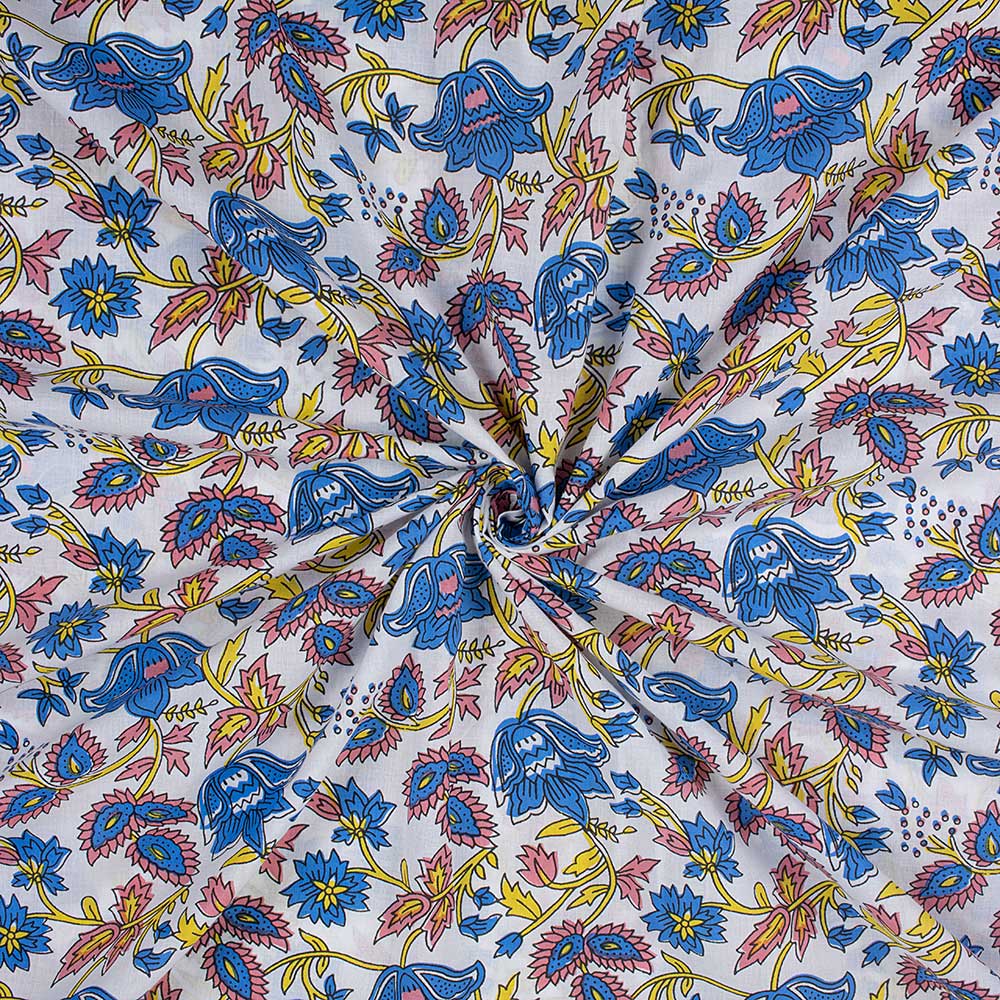 Classic Blue Floral Hand Block Printed Cotton Fabric