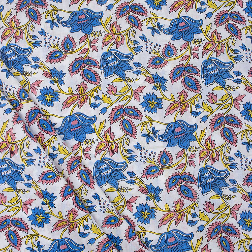 Classic Blue Floral Hand Block Printed Cotton Fabric