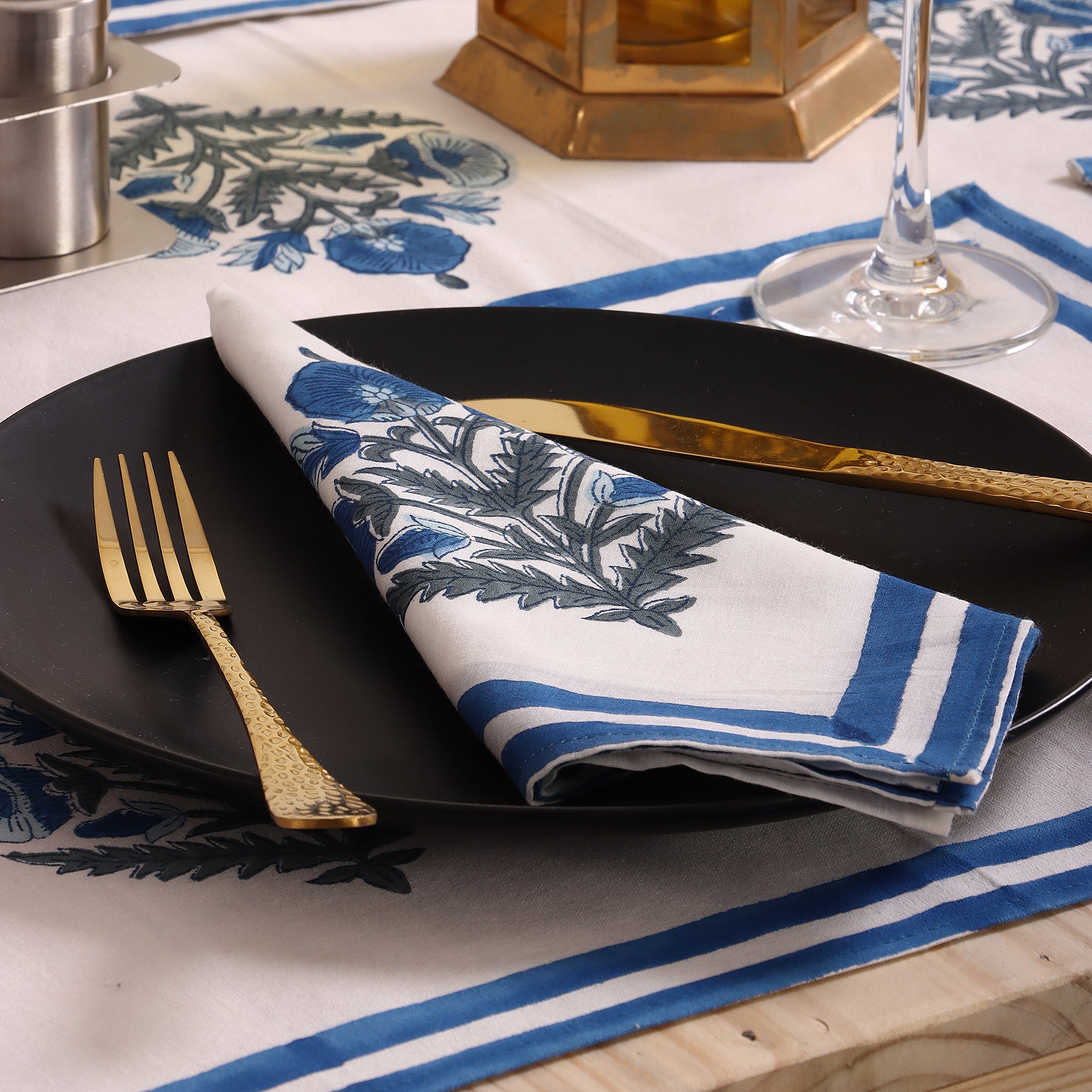 Cotton Blue Floral Holiday Table Runner Hand Block Printed