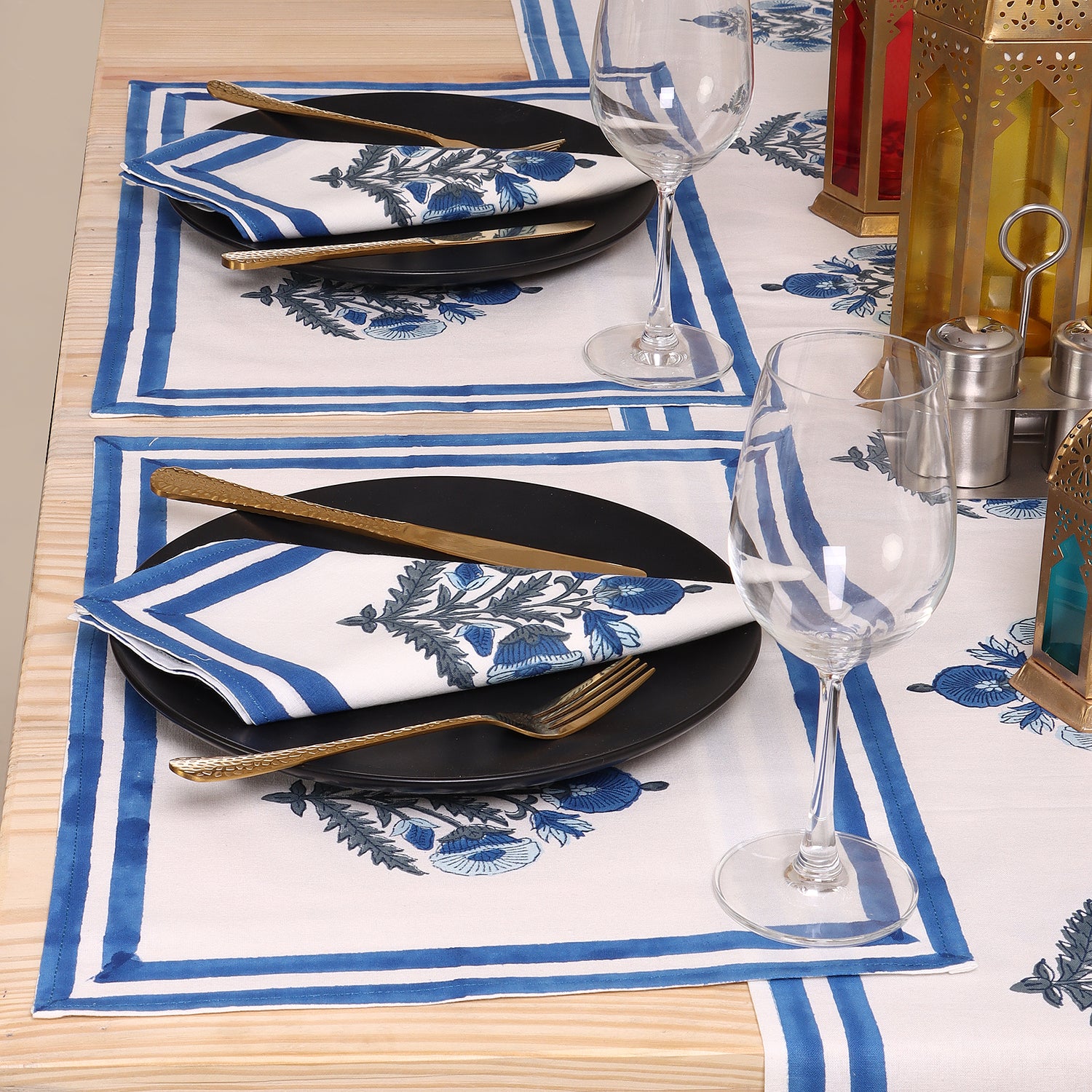 Cotton Blue Floral Holiday Table Runner Hand Block Printed