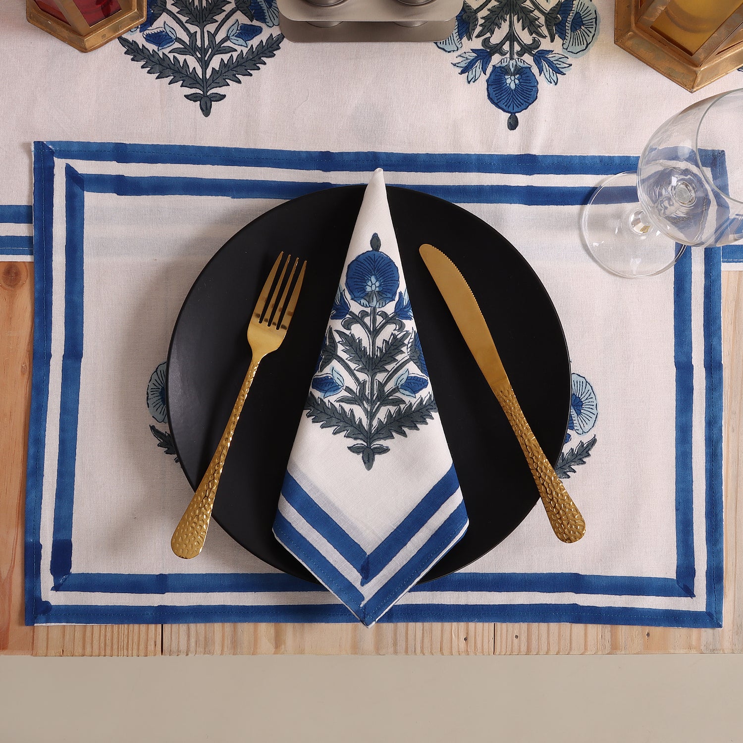 Cotton Blue Floral Holiday Table Runner Hand Block Printed