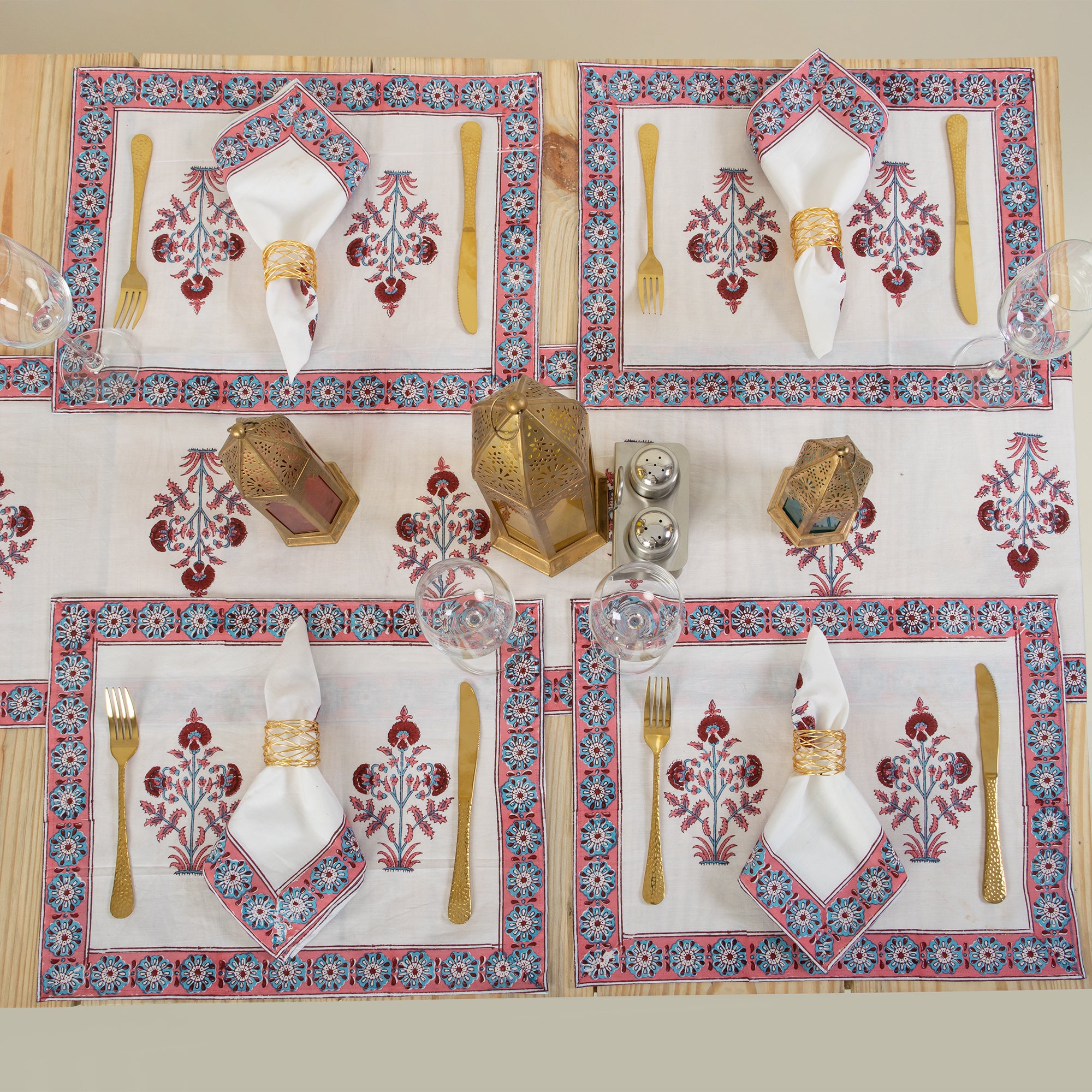 Cotton Hand Block Printed Floral Table Runner Set