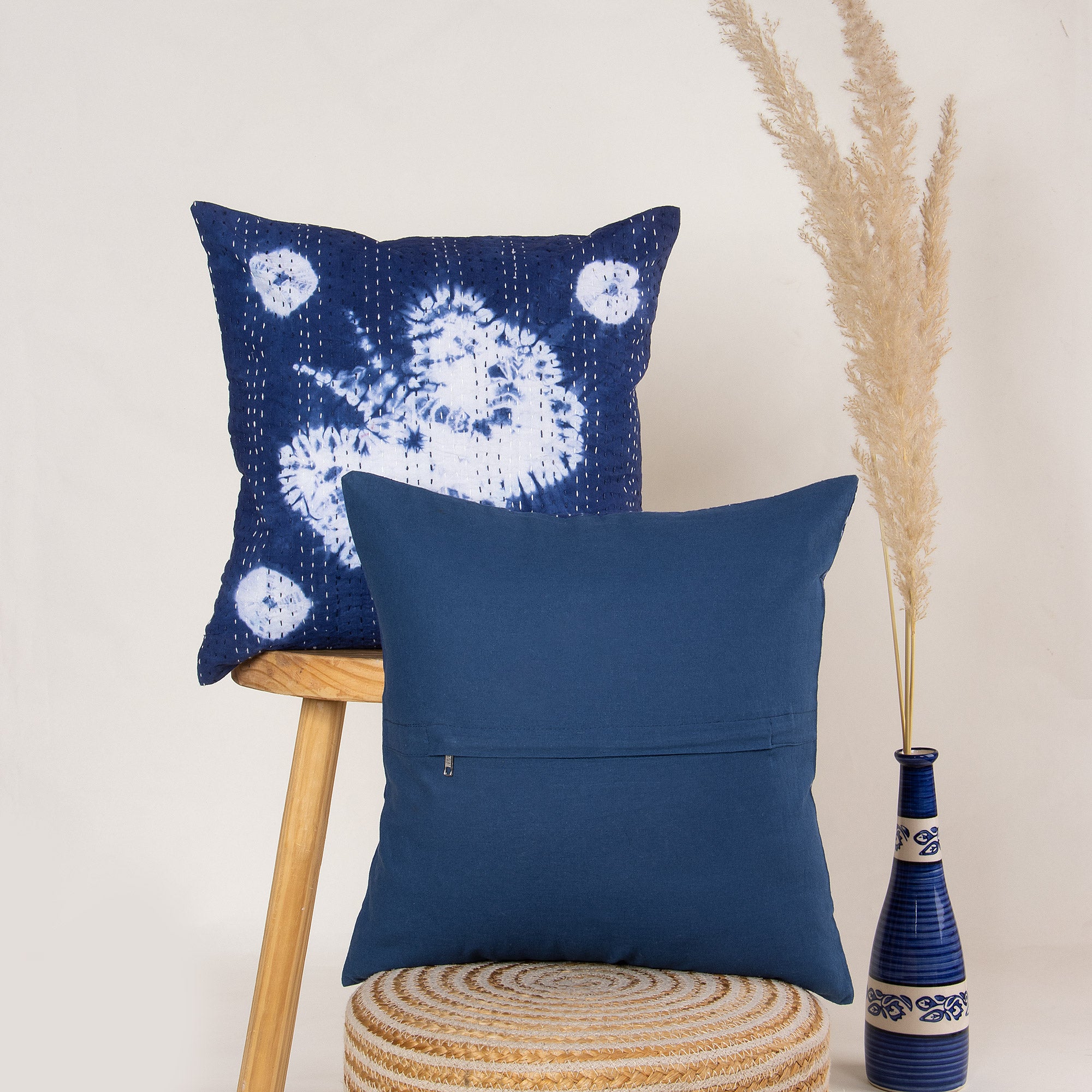 Cotton Kantha Cushion Cover - Blue Tie Dye