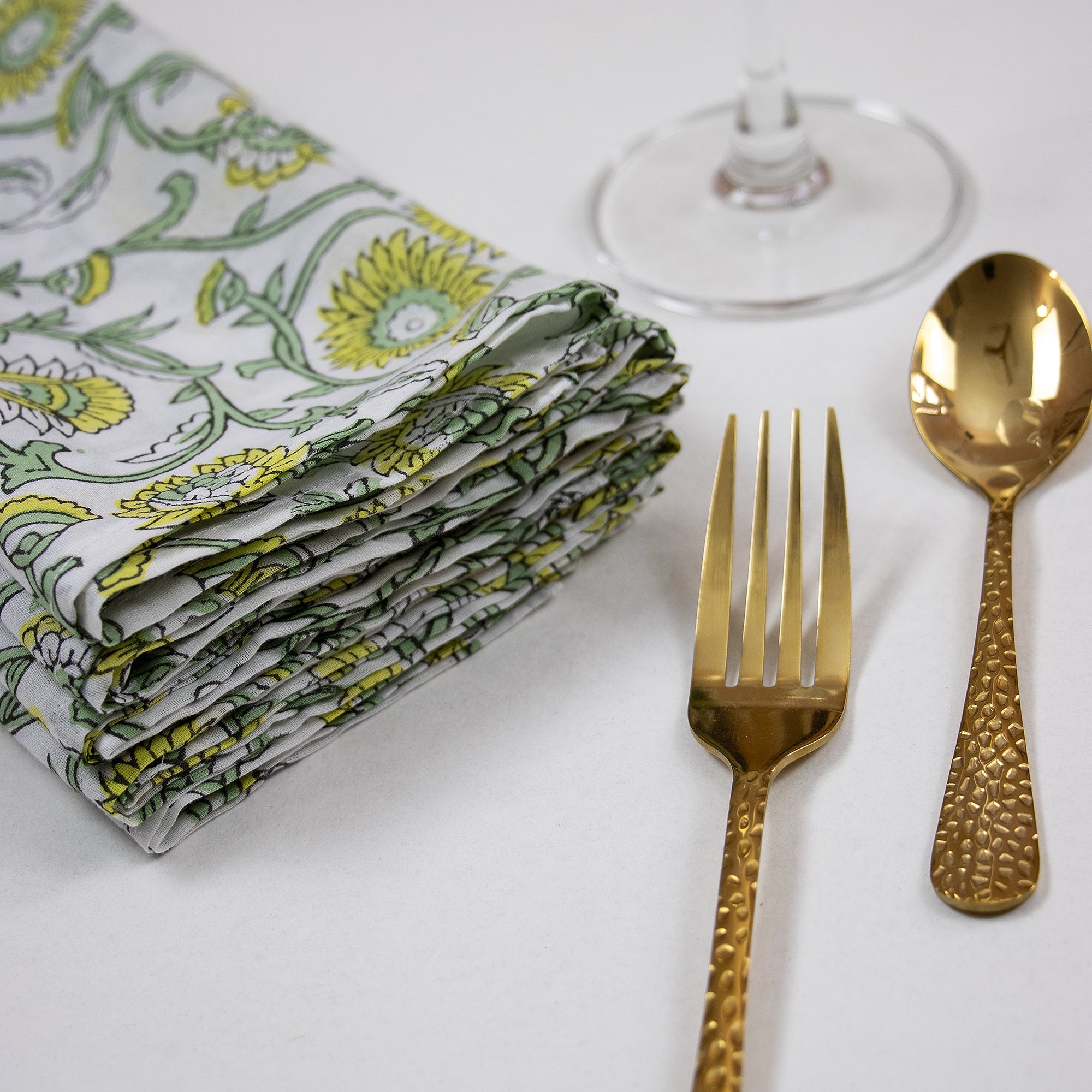 Cotton Napkins Indian Block Printed Green Floral Handmade