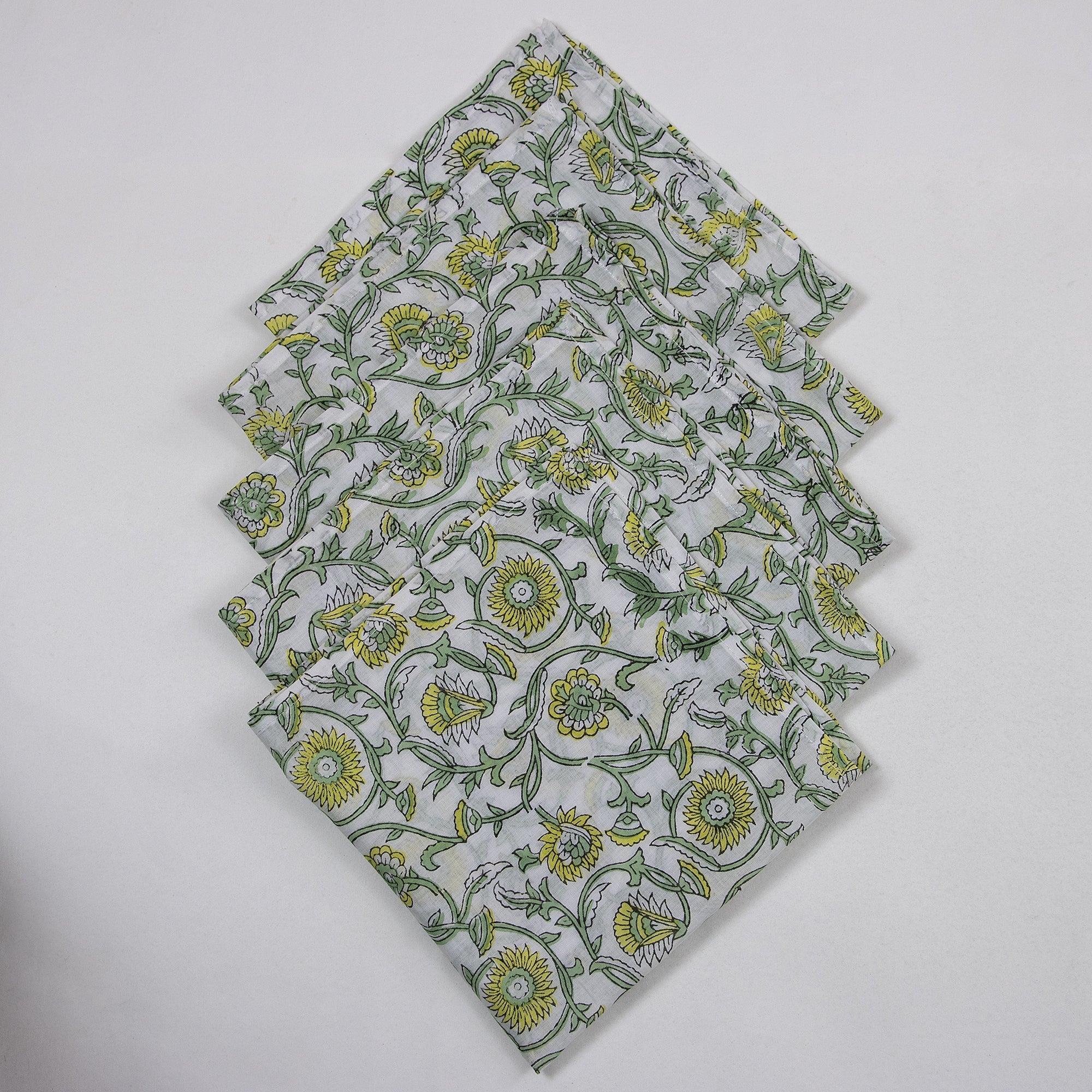 Cotton Napkins Indian Block Printed Green Floral Handmade