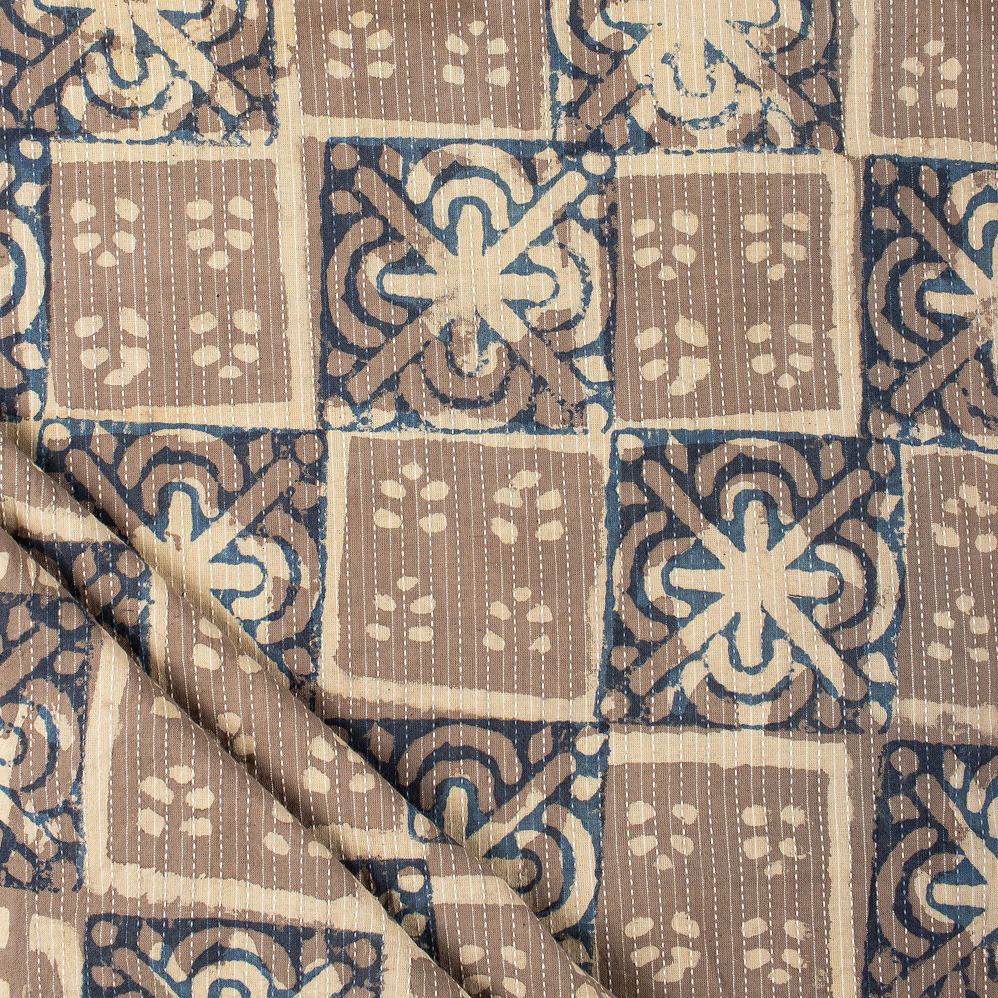 Dabu Brown Floral Hand Block Cotton Kantha Fabric