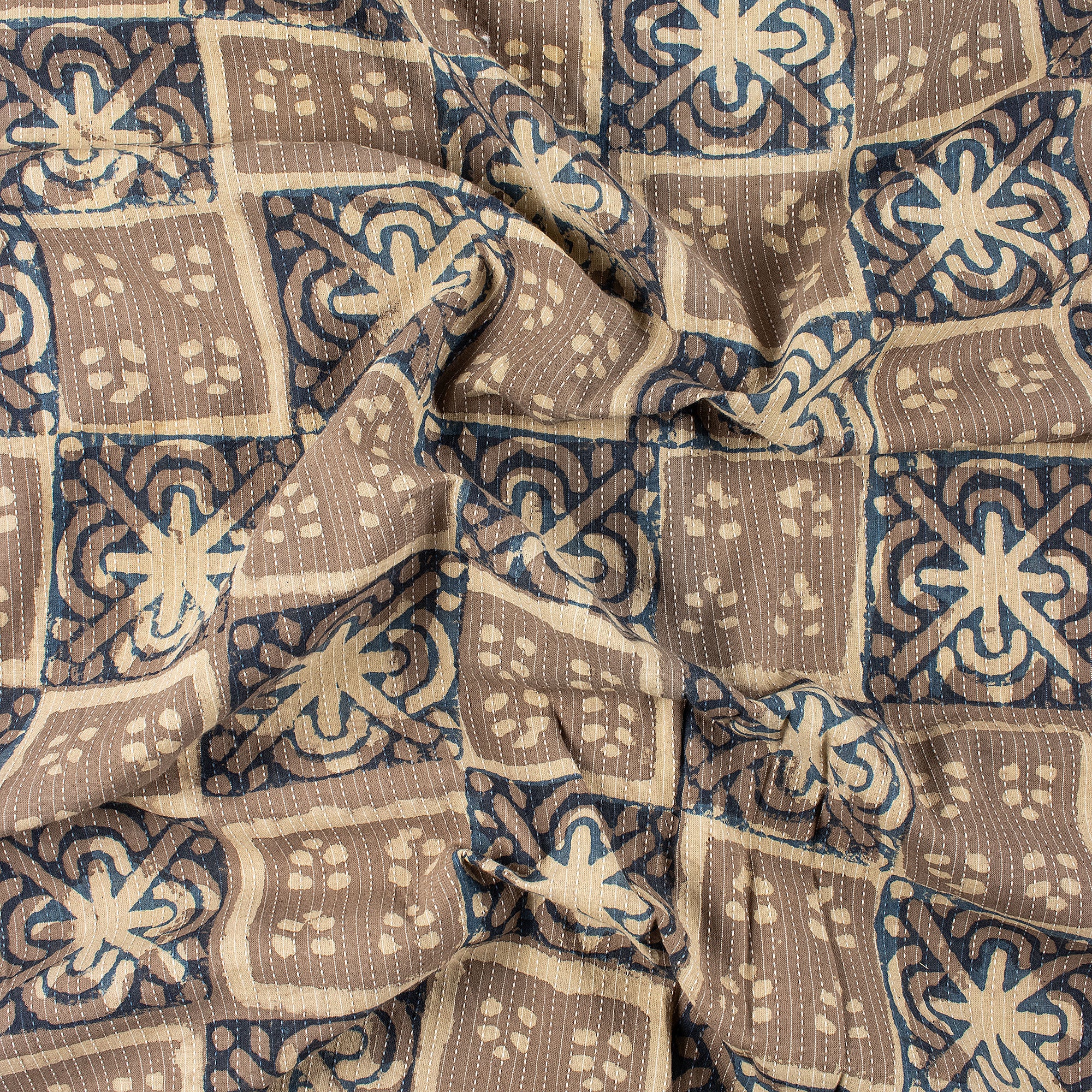 Dabu Brown Floral Hand Block Cotton Kantha Fabric