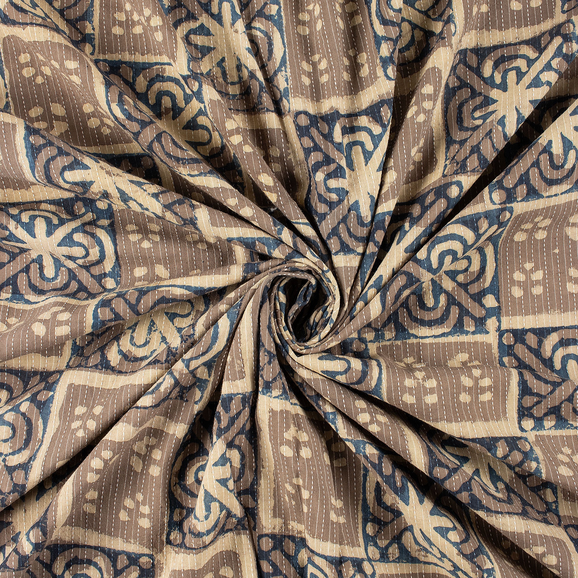 Dabu Brown Floral Hand Block Cotton Kantha Fabric