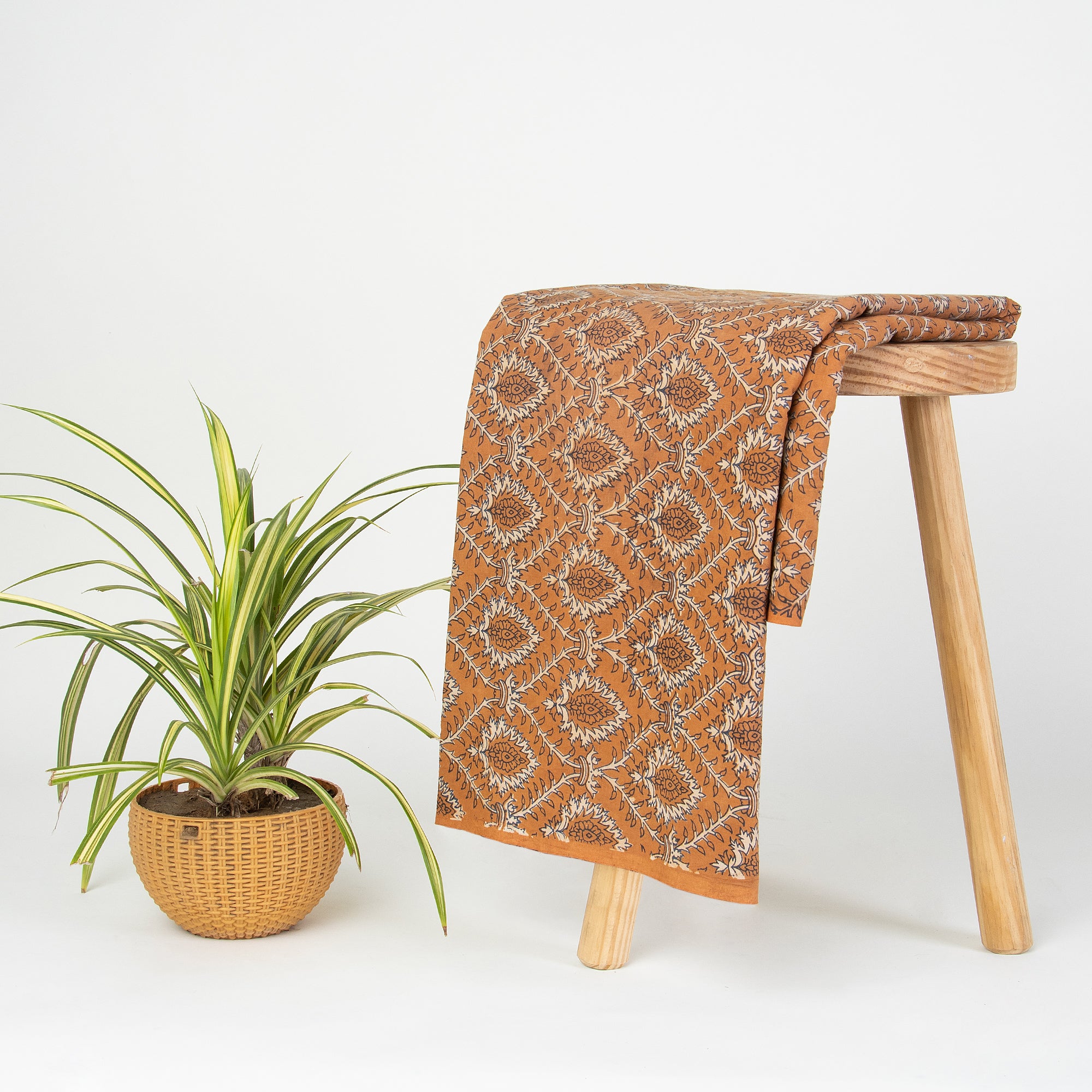 Dabu Brown Floral Hand Block Print Cotton Fabric