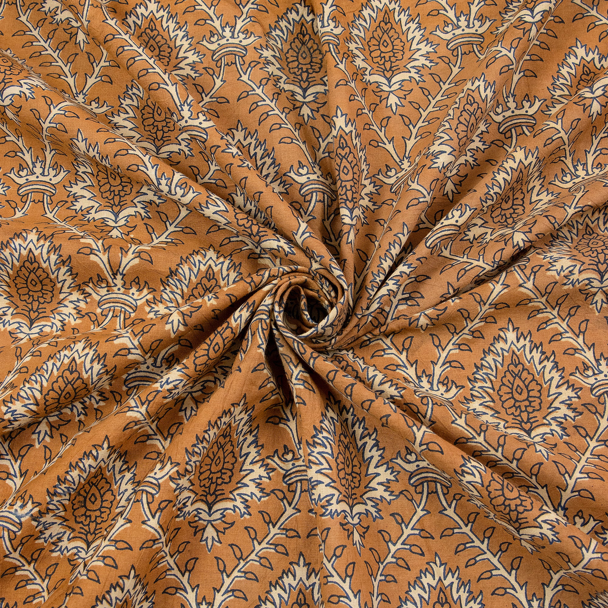 Dabu Brown Floral Hand Block Print Cotton Fabric