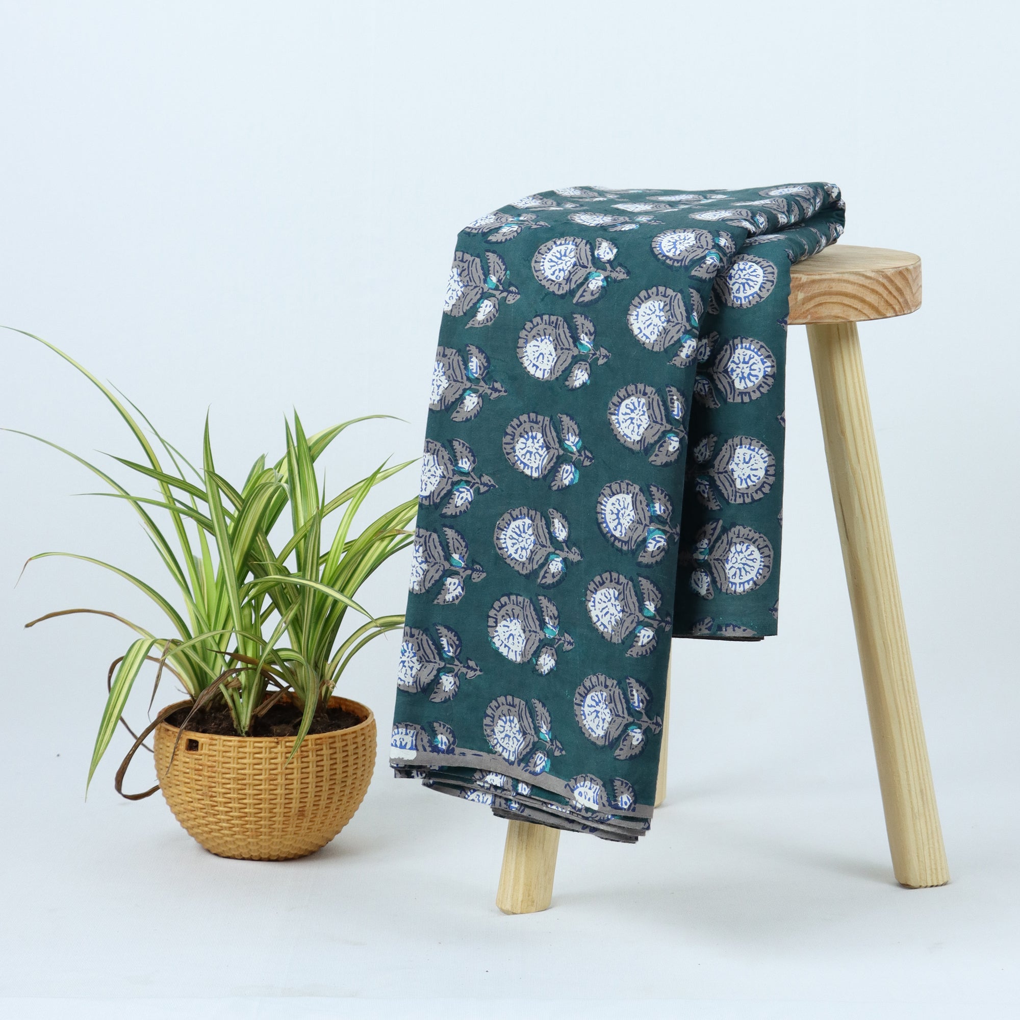 Dark Green Hand Block Print Dabu Fabric